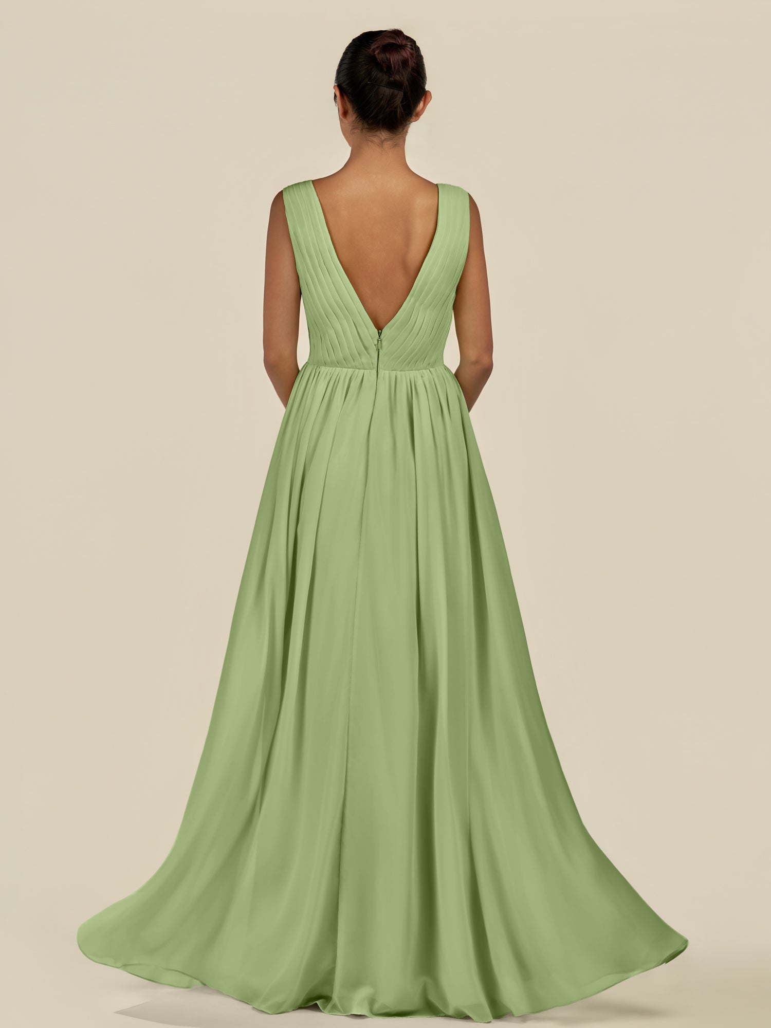 KissDress-Daryel Matcha A Line Chiffon V Neck Pleated Long Bridesmaid Dress