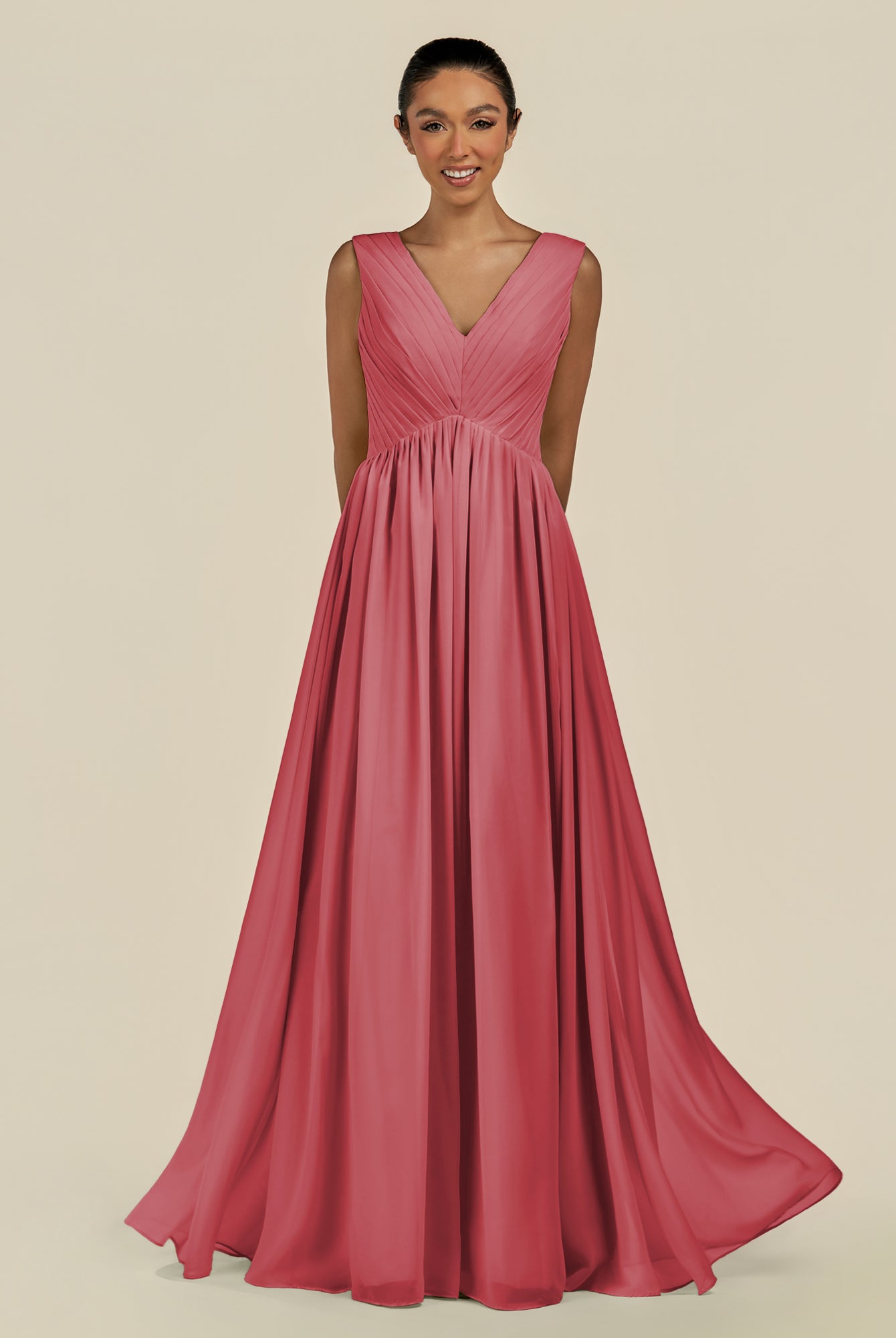 KissDress-Daryel Merlot A Line Chiffon V Neck Pleated Long Bridesmaid Dress