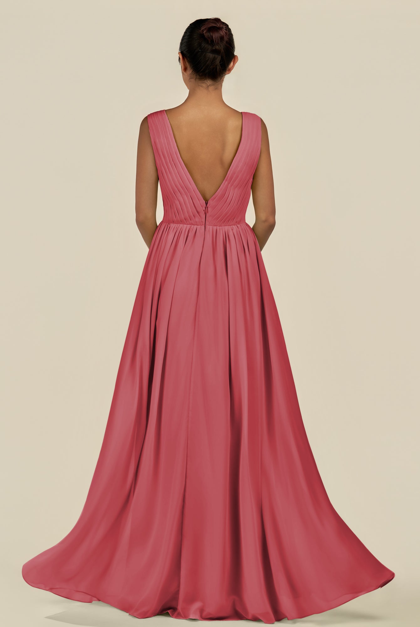 KissDress-Daryel Merlot A Line Chiffon V Neck Pleated Long Bridesmaid Dress