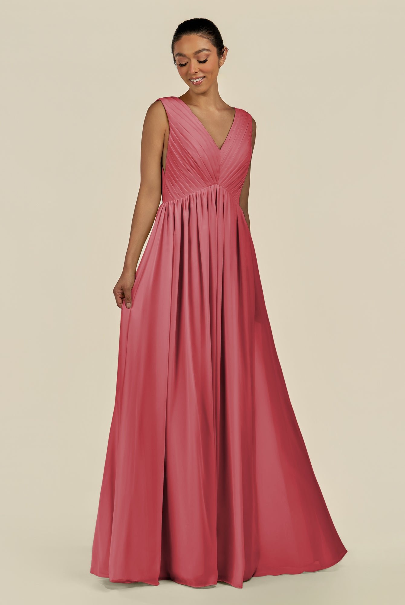 KissDress-Daryel Merlot A Line Chiffon V Neck Pleated Long Bridesmaid Dress
