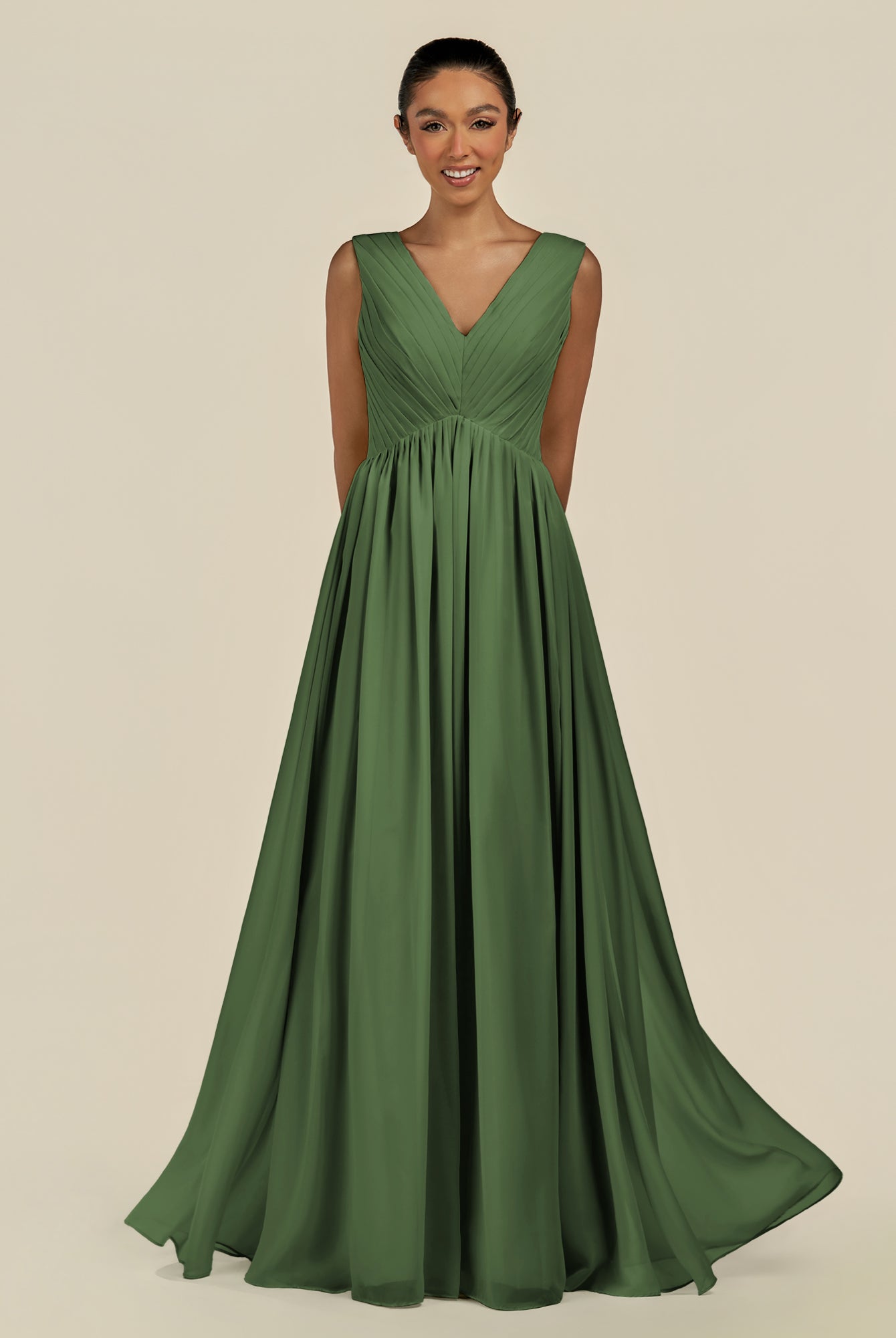 KissDress-Daryel Moss A Line Chiffon V Neck Pleated Long Bridesmaid Dress