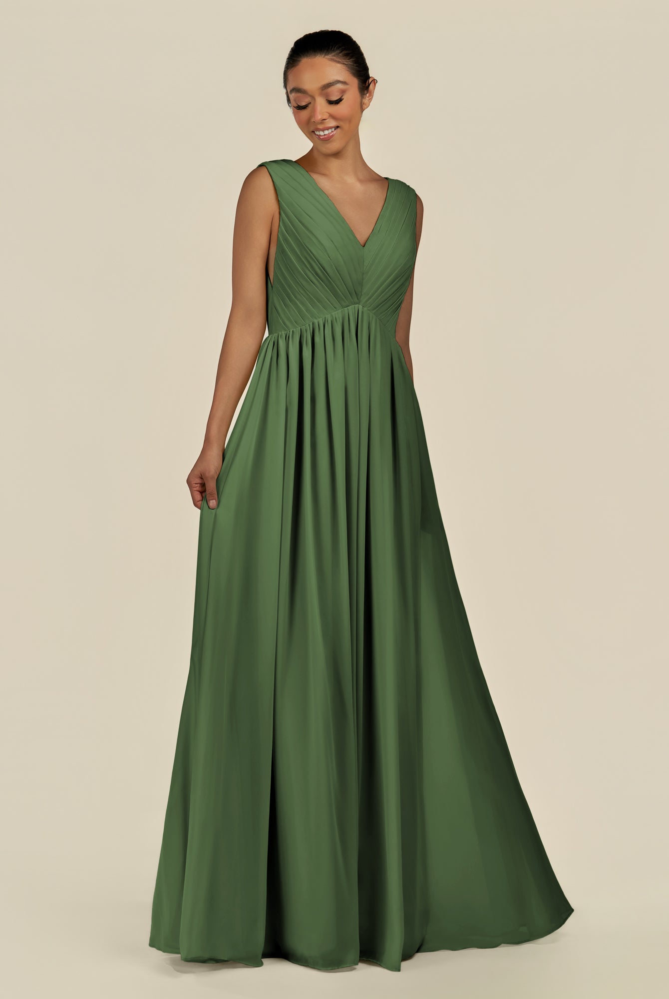 KissDress-Daryel Moss A Line Chiffon V Neck Pleated Long Bridesmaid Dress