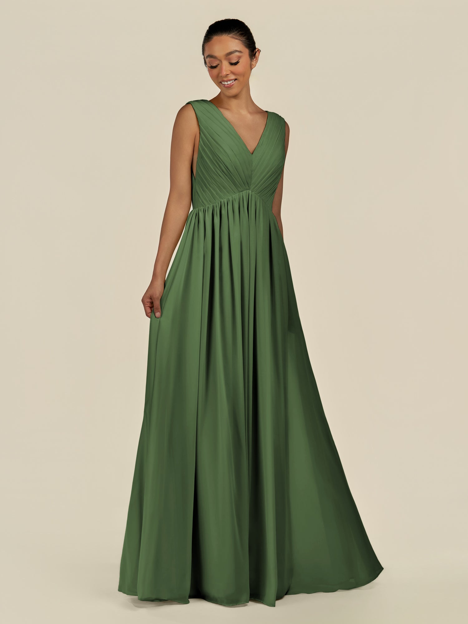 KissDress-Daryel Moss A Line Chiffon V Neck Pleated Long Bridesmaid Dress