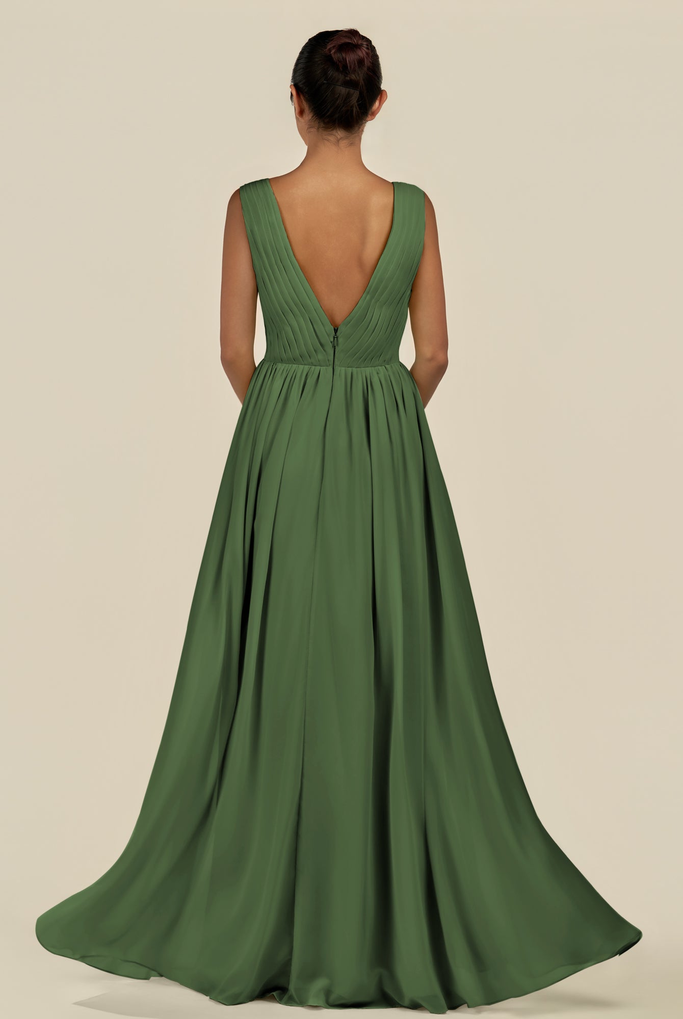 KissDress-Daryel Moss A Line Chiffon V Neck Pleated Long Bridesmaid Dress