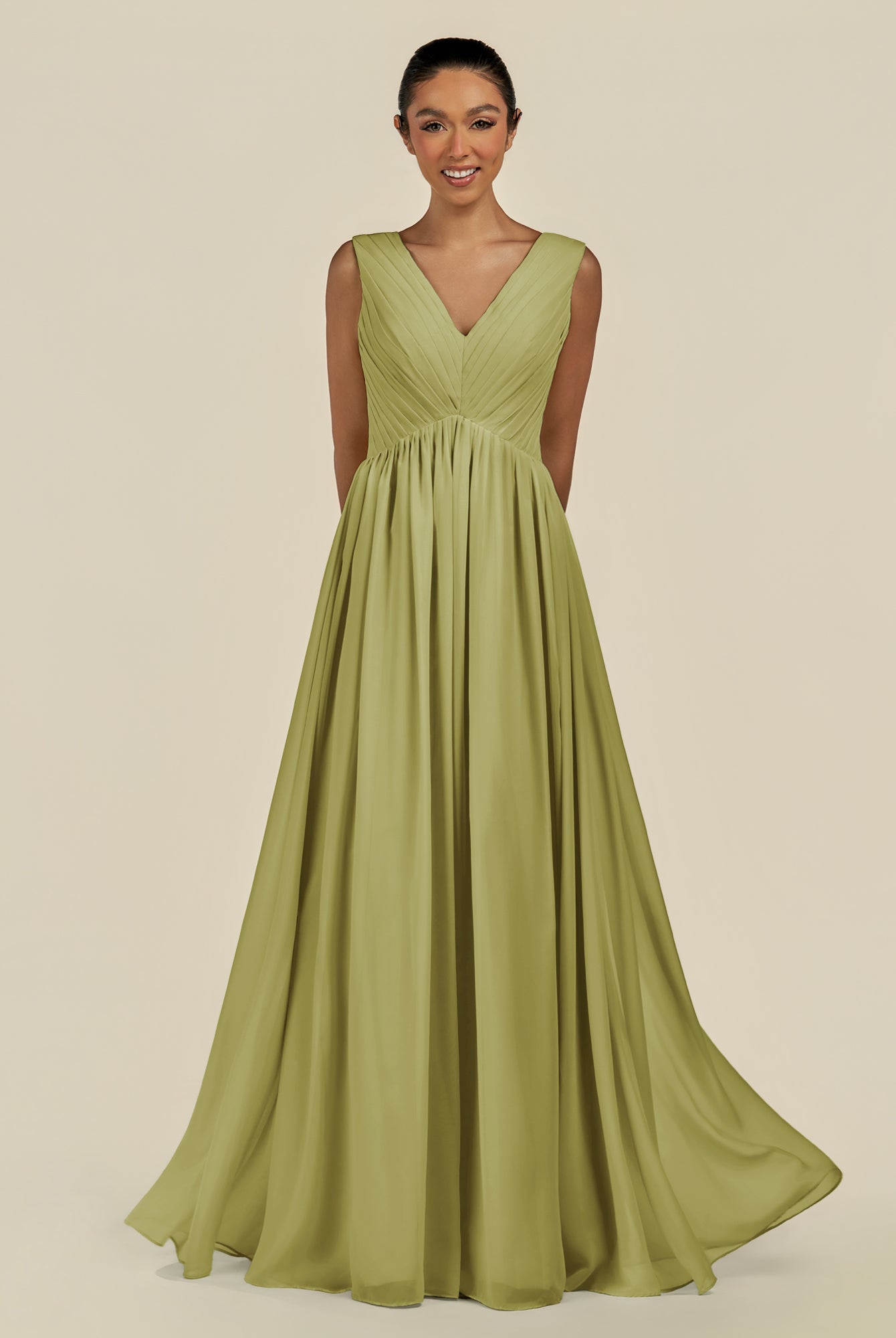 KissDress-Daryel Moss Green A Line Chiffon V Neck Pleated Long Bridesmaid Dress