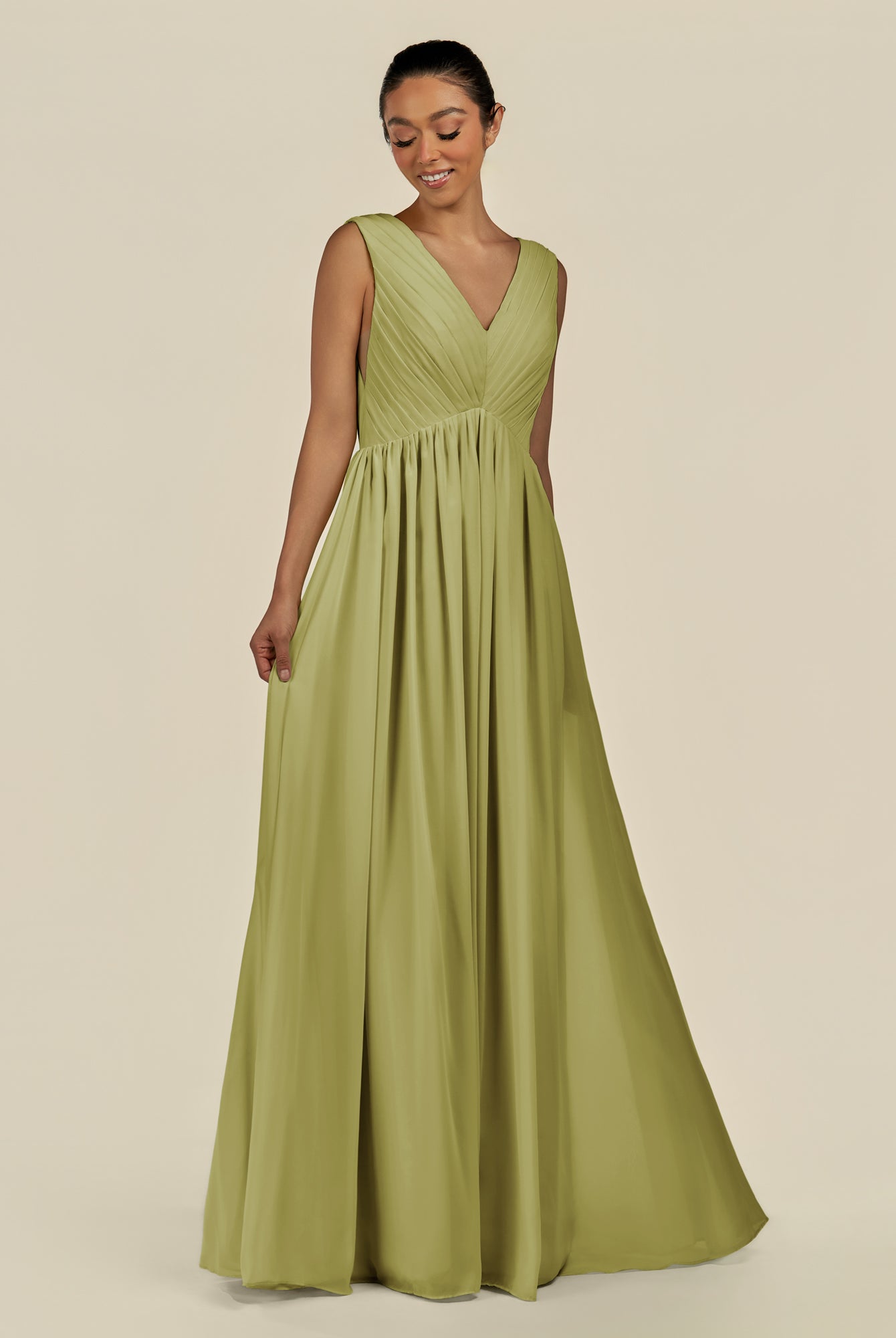 KissDress-Daryel Moss Green A Line Chiffon V Neck Pleated Long Bridesmaid Dress