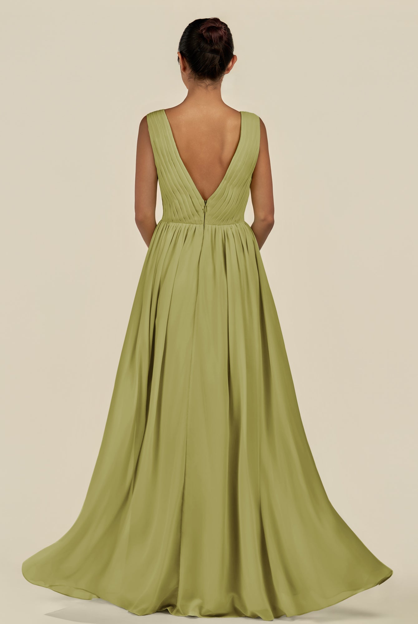 KissDress-Daryel Moss Green A Line Chiffon V Neck Pleated Long Bridesmaid Dress