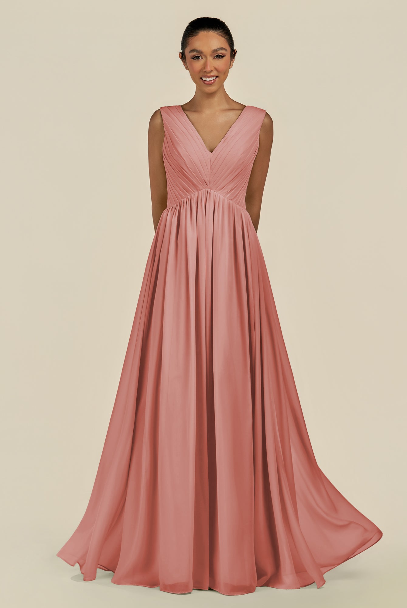 KissDress-Daryel Mulberry A Line Chiffon V Neck Pleated Long Bridesmaid Dress