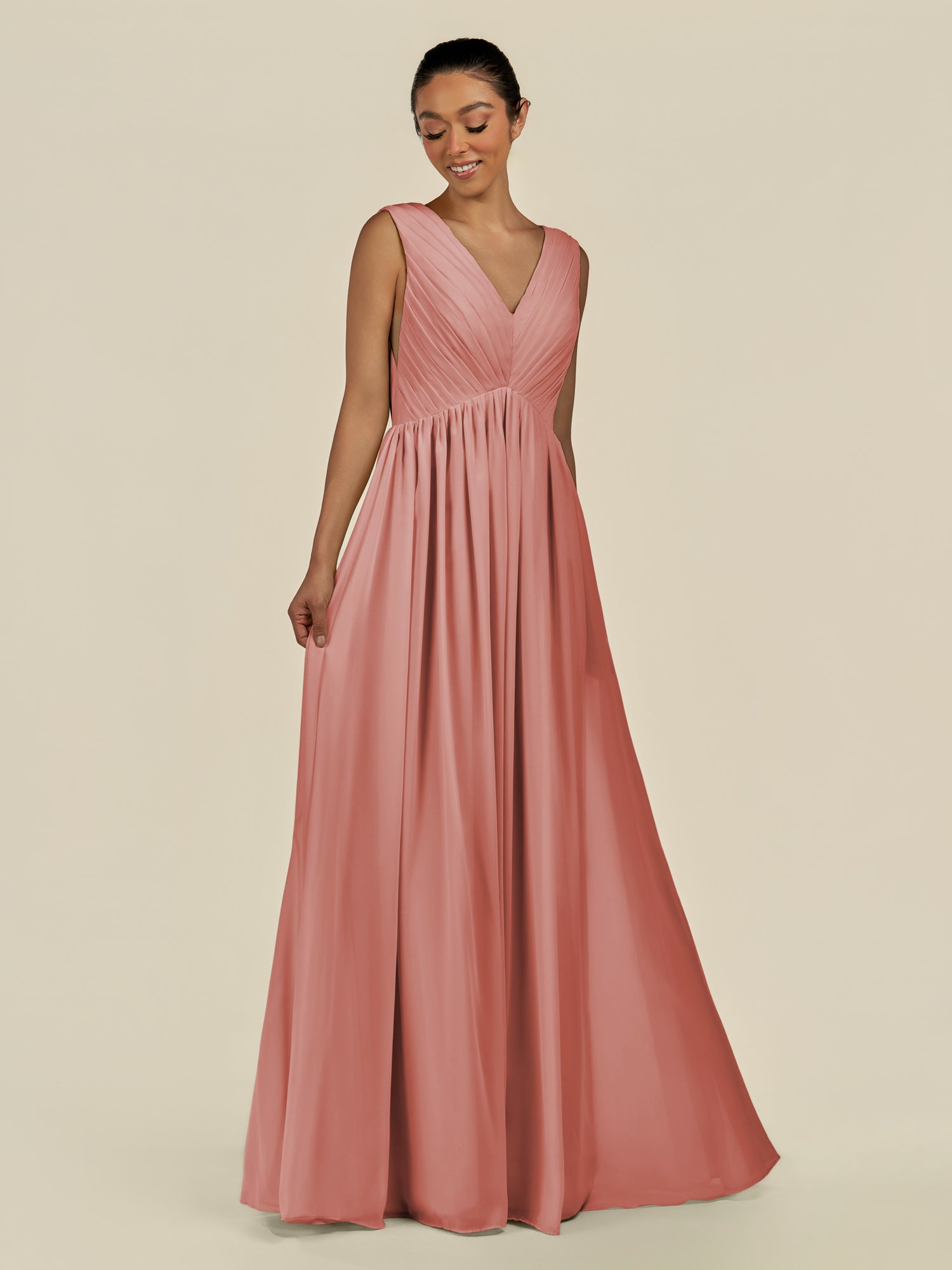 KissDress-Daryel Mulberry A Line Chiffon V Neck Pleated Long Bridesmaid Dress
