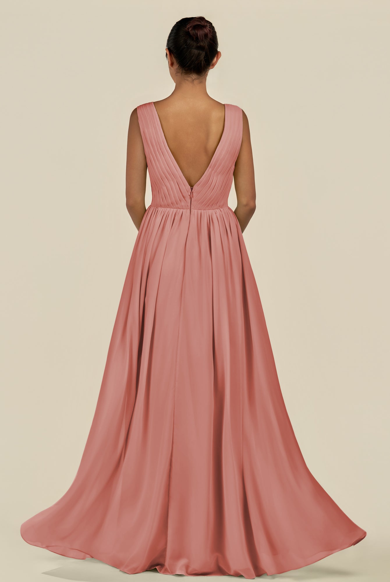 KissDress-Daryel Mulberry A Line Chiffon V Neck Pleated Long Bridesmaid Dress