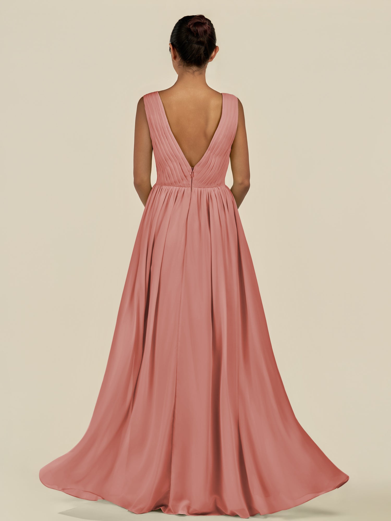 KissDress-Daryel Mulberry A Line Chiffon V Neck Pleated Long Bridesmaid Dress