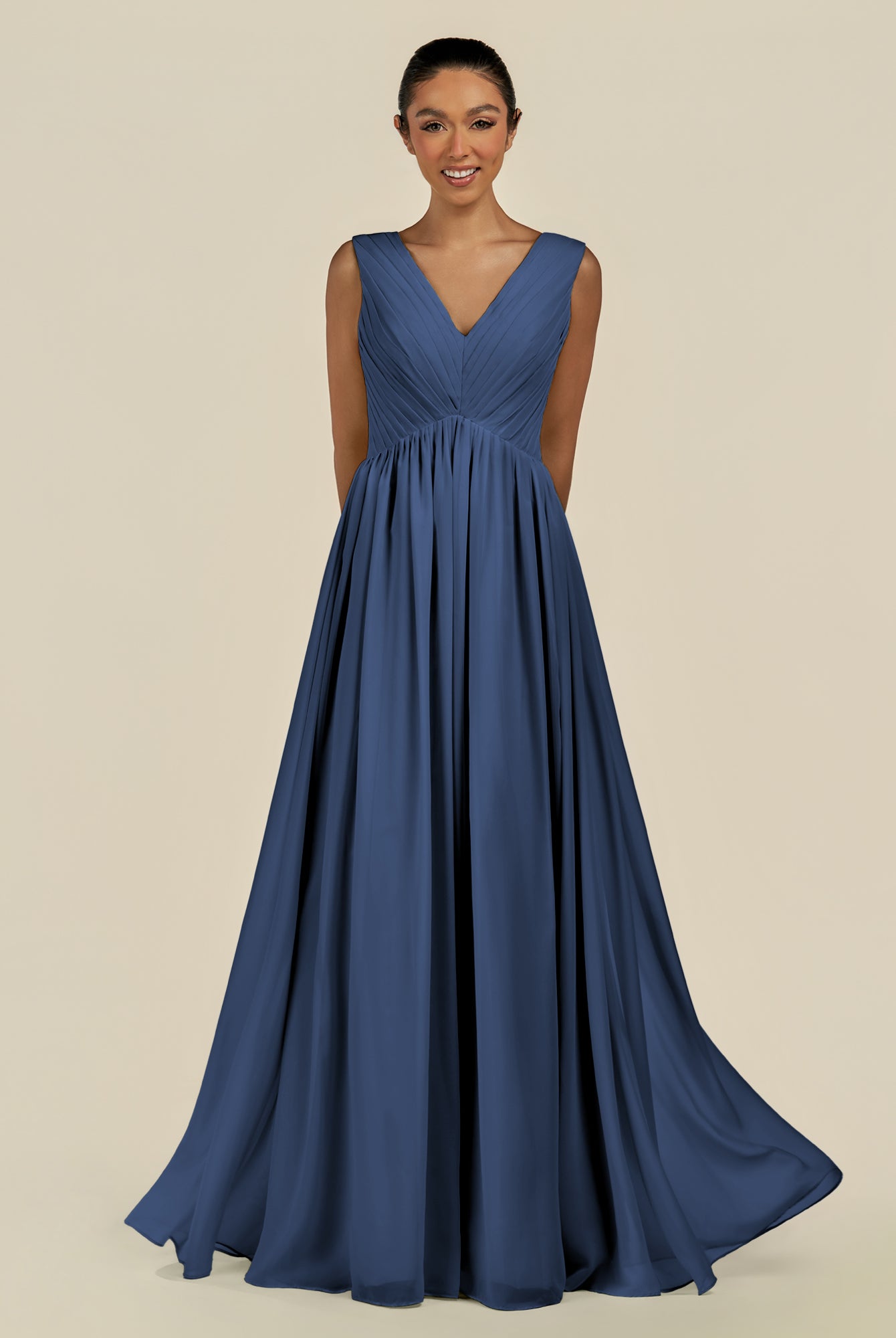 KissDress-Daryel Navy A Line Chiffon V Neck Pleated Long Bridesmaid Dress