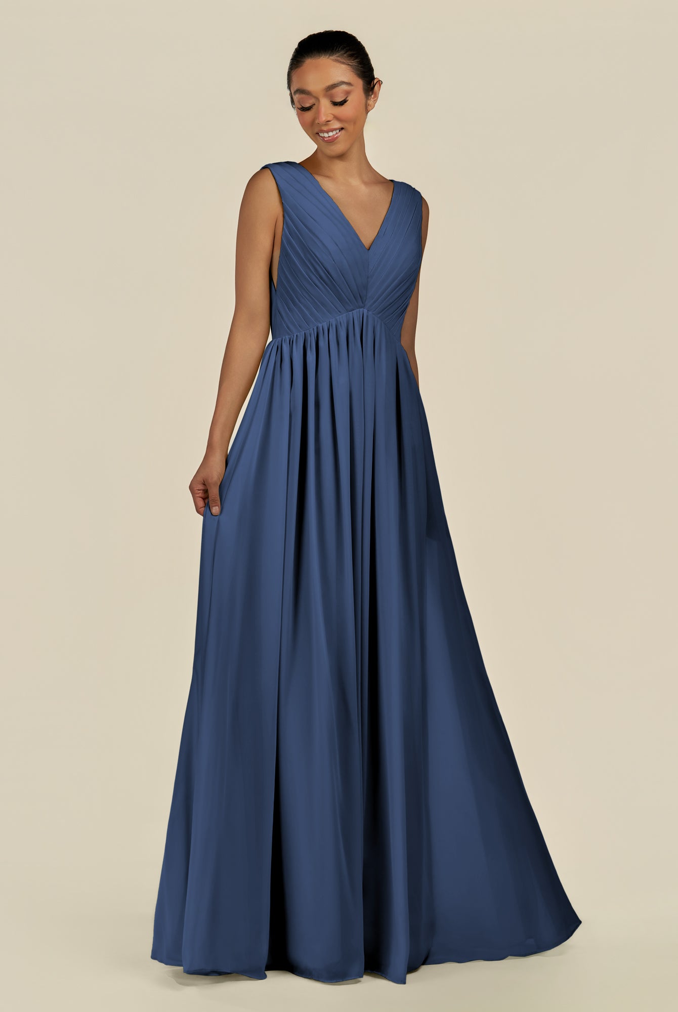 KissDress-Daryel Navy A Line Chiffon V Neck Pleated Long Bridesmaid Dress
