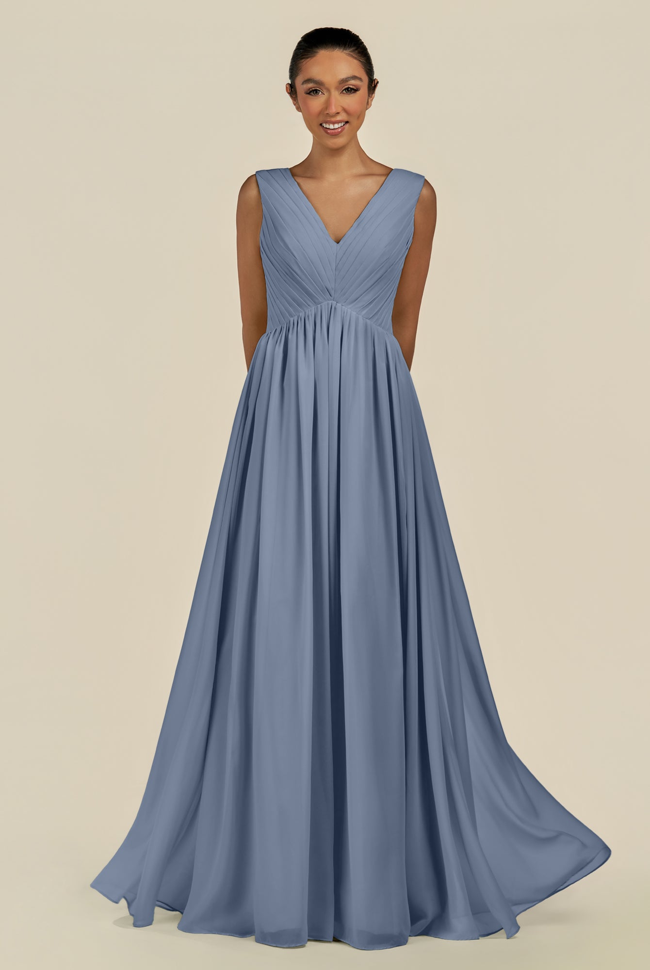 KissDress-Daryel Neptune A Line Chiffon V Neck Pleated Long Bridesmaid Dress