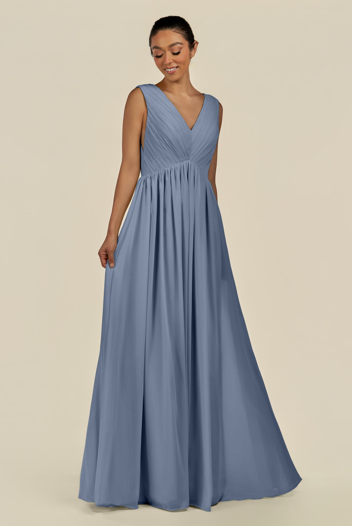 KissDress-Daryel Neptune A Line Chiffon V Neck Pleated Long Bridesmaid Dress
