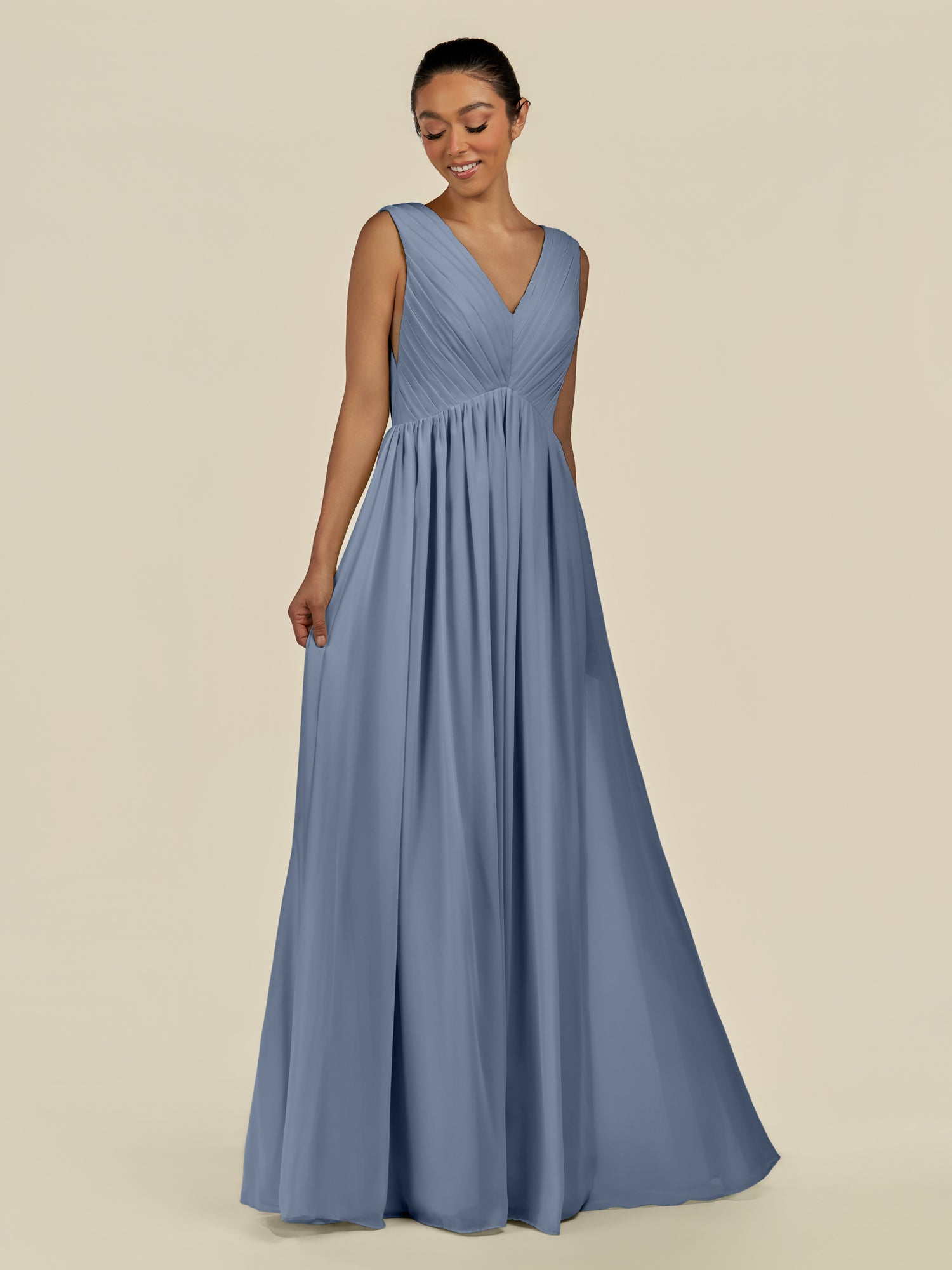 KissDress-Daryel Neptune A Line Chiffon V Neck Pleated Long Bridesmaid Dress