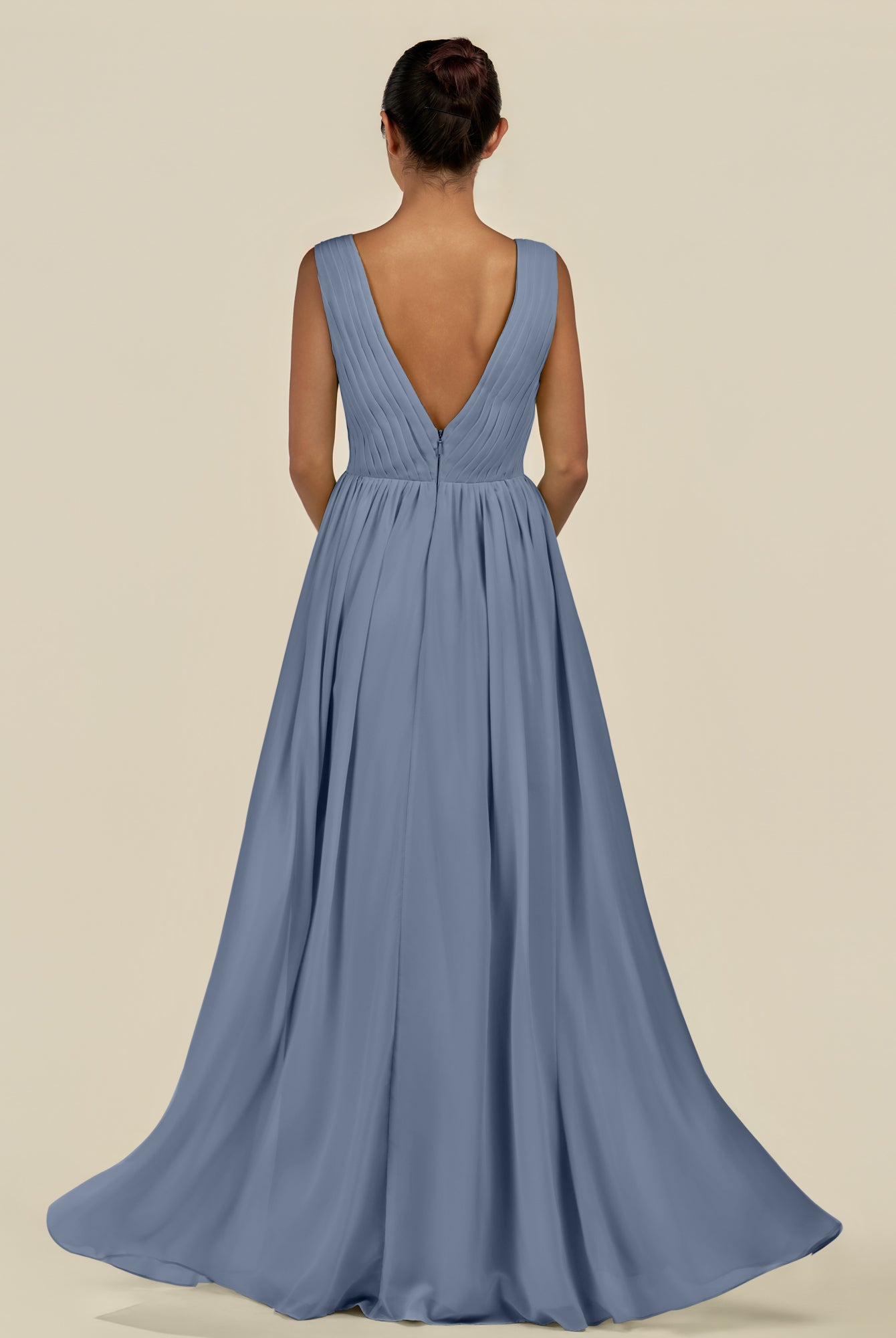 KissDress-Daryel Neptune A Line Chiffon V Neck Pleated Long Bridesmaid Dress