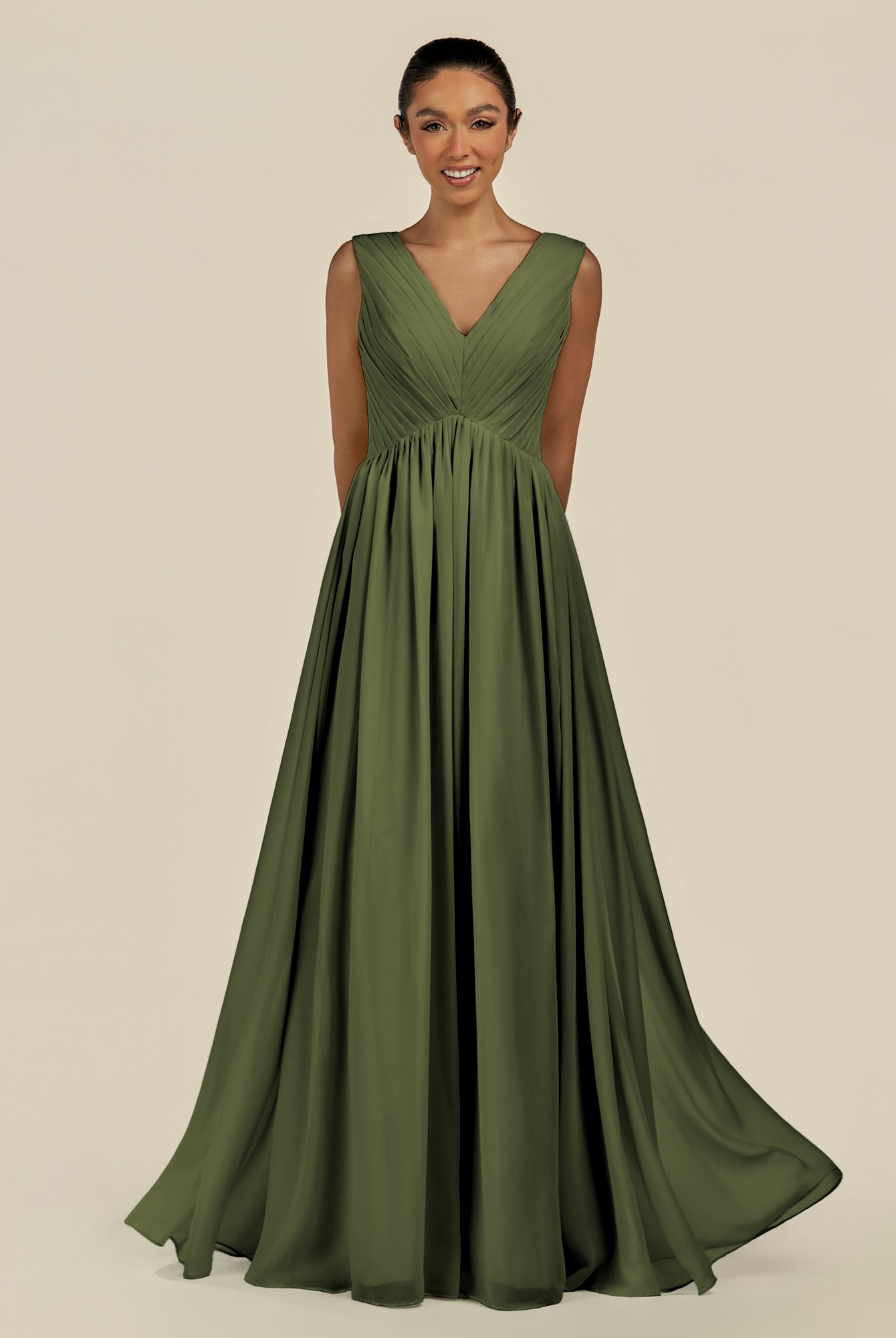 KissDress-Daryel Olive A Line Chiffon V Neck Pleated Long Bridesmaid Dress