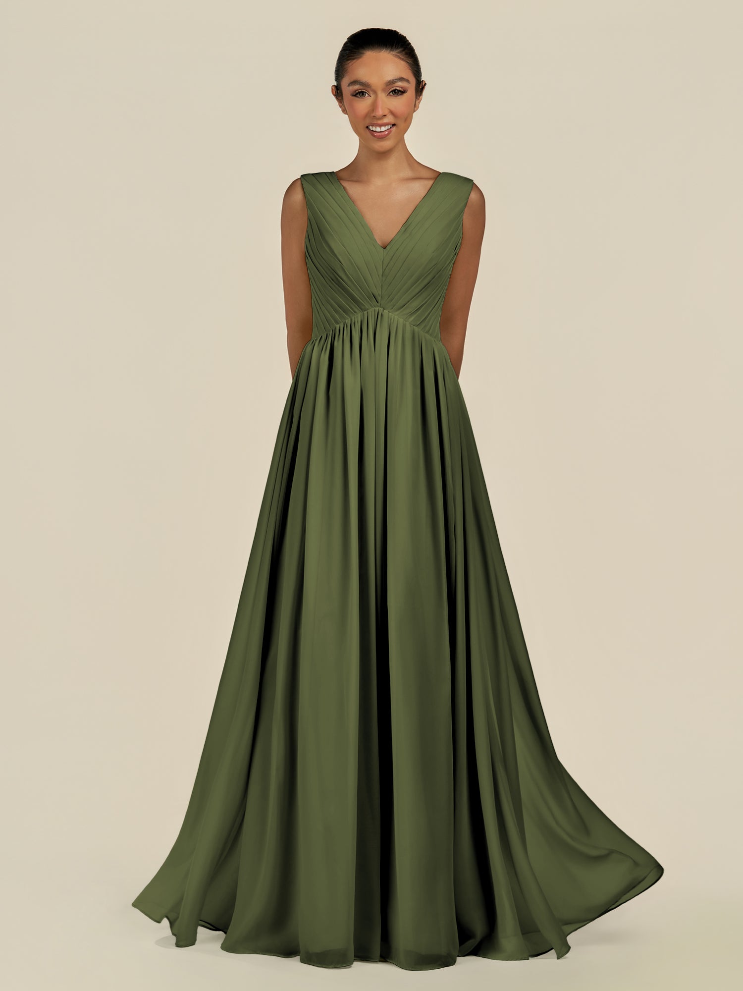 KissDress-Daryel Olive A Line Chiffon V Neck Pleated Long Bridesmaid Dress