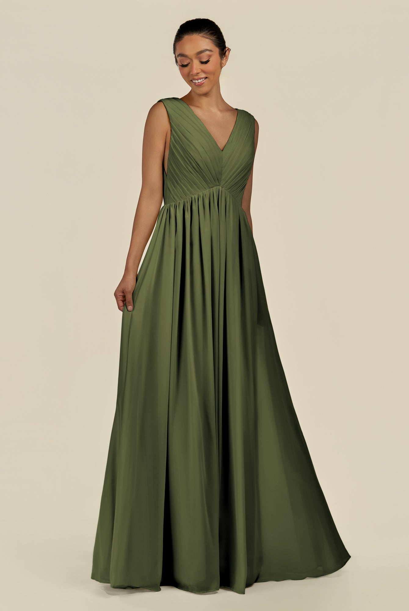 KissDress-Daryel Olive A Line Chiffon V Neck Pleated Long Bridesmaid Dress