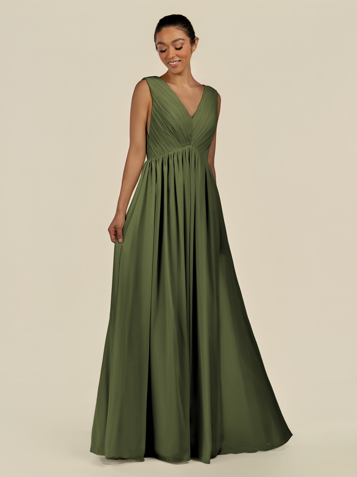 KissDress-Daryel Olive A Line Chiffon V Neck Pleated Long Bridesmaid Dress