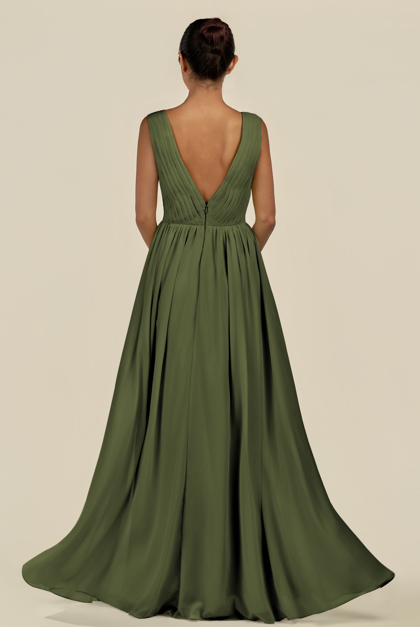 KissDress-Daryel Olive A Line Chiffon V Neck Pleated Long Bridesmaid Dress
