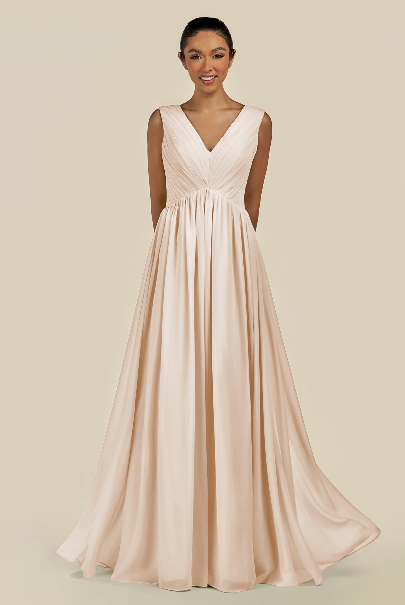 KissDress-Daryel Pale Blush A Line Chiffon V Neck Pleated Long Bridesmaid Dress