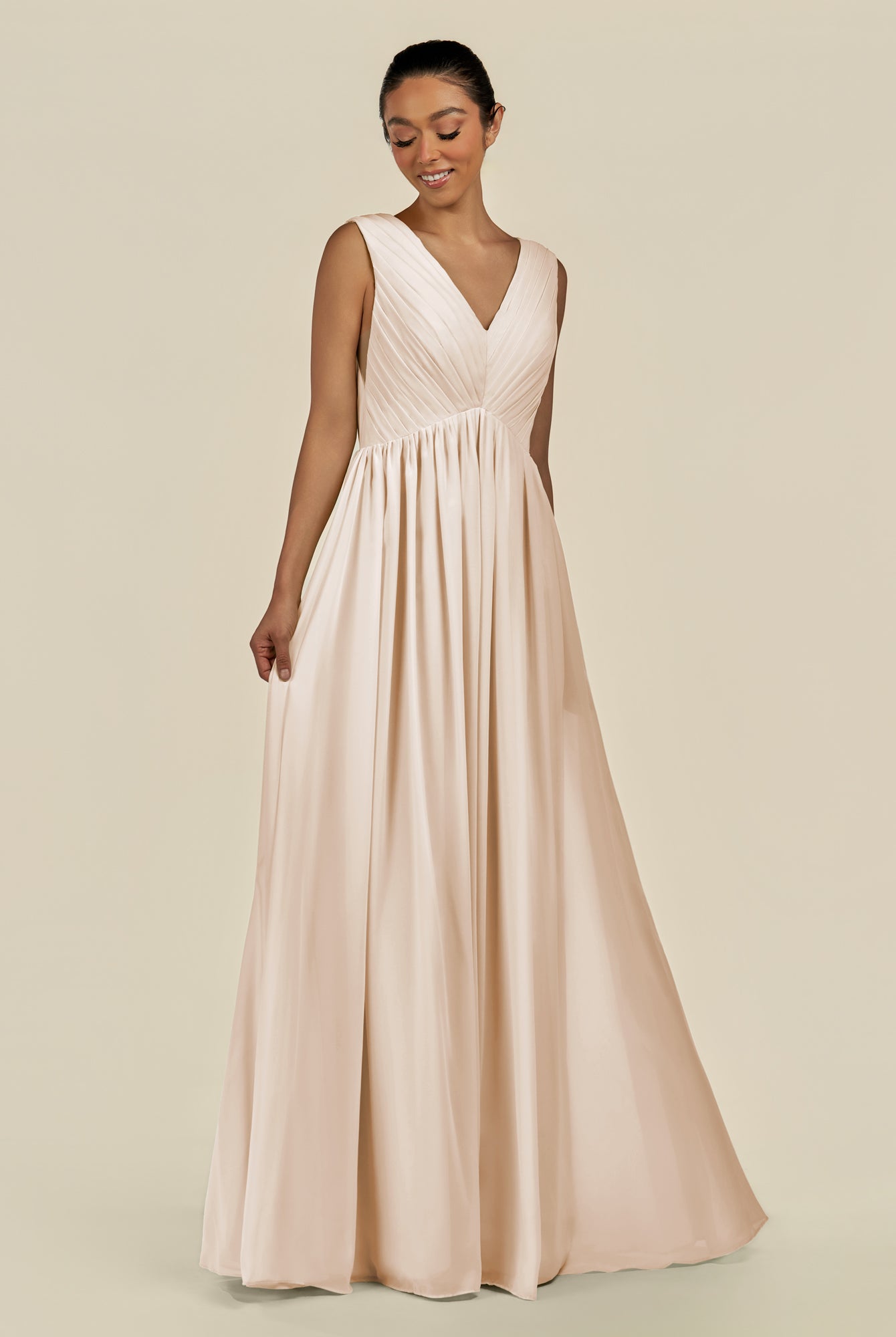 KissDress-Daryel Pale Blush A Line Chiffon V Neck Pleated Long Bridesmaid Dress