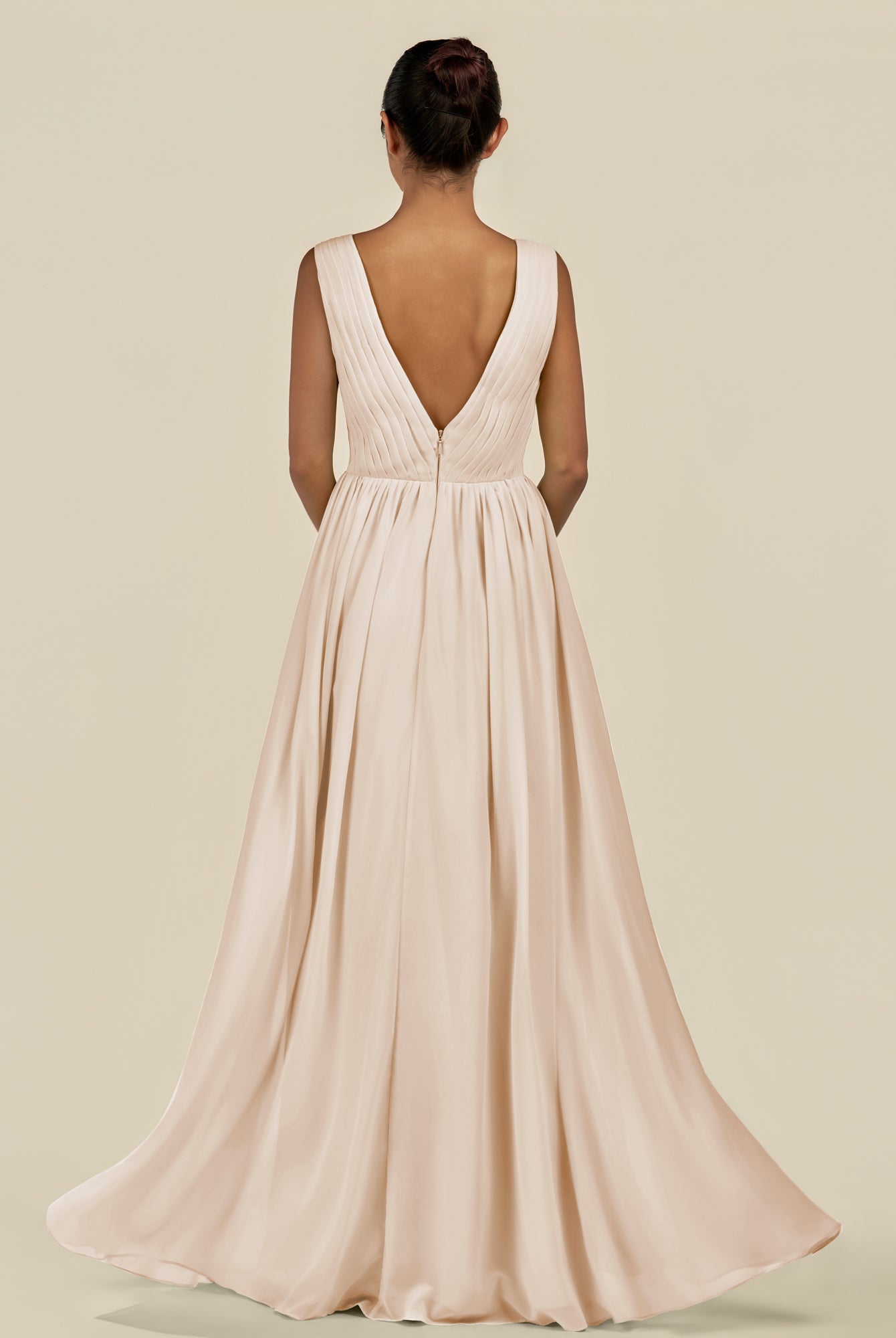 KissDress-Daryel Pale Blush A Line Chiffon V Neck Pleated Long Bridesmaid Dress