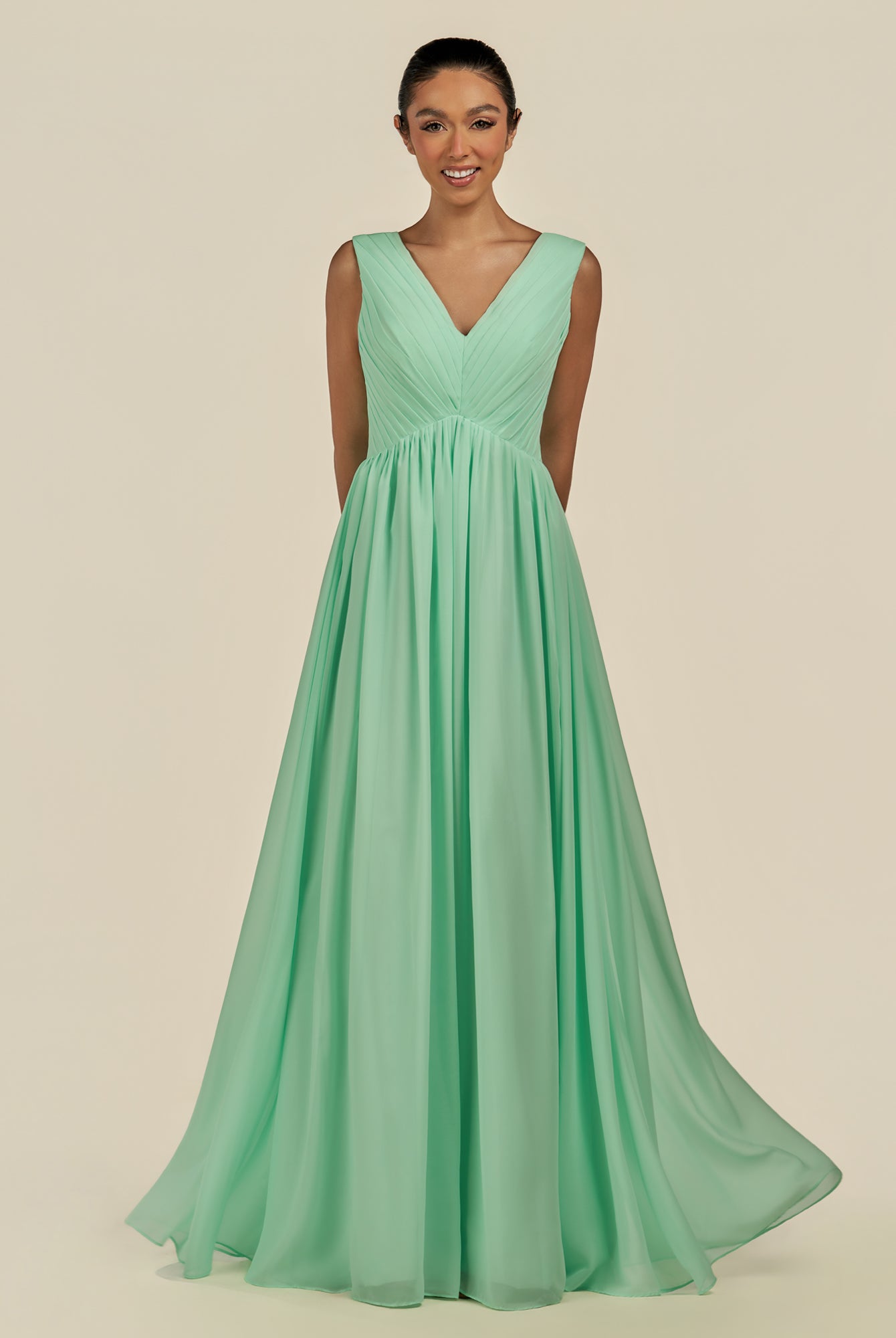 KissDress-Daryel Pale Pistachio A Line Chiffon V Neck Pleated Long Bridesmaid Dress