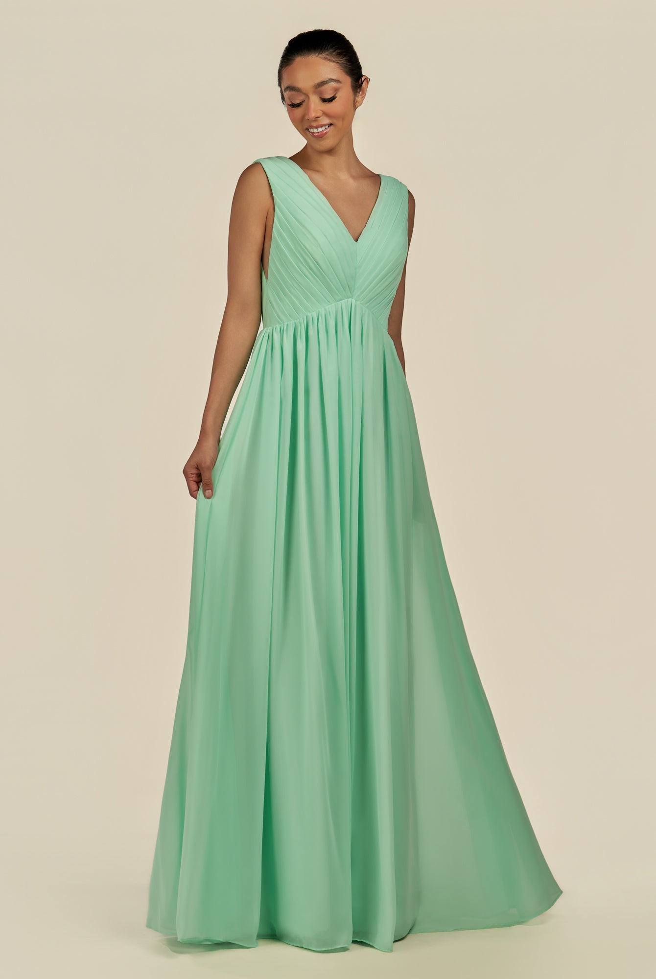 KissDress-Daryel Pale Pistachio A Line Chiffon V Neck Pleated Long Bridesmaid Dress