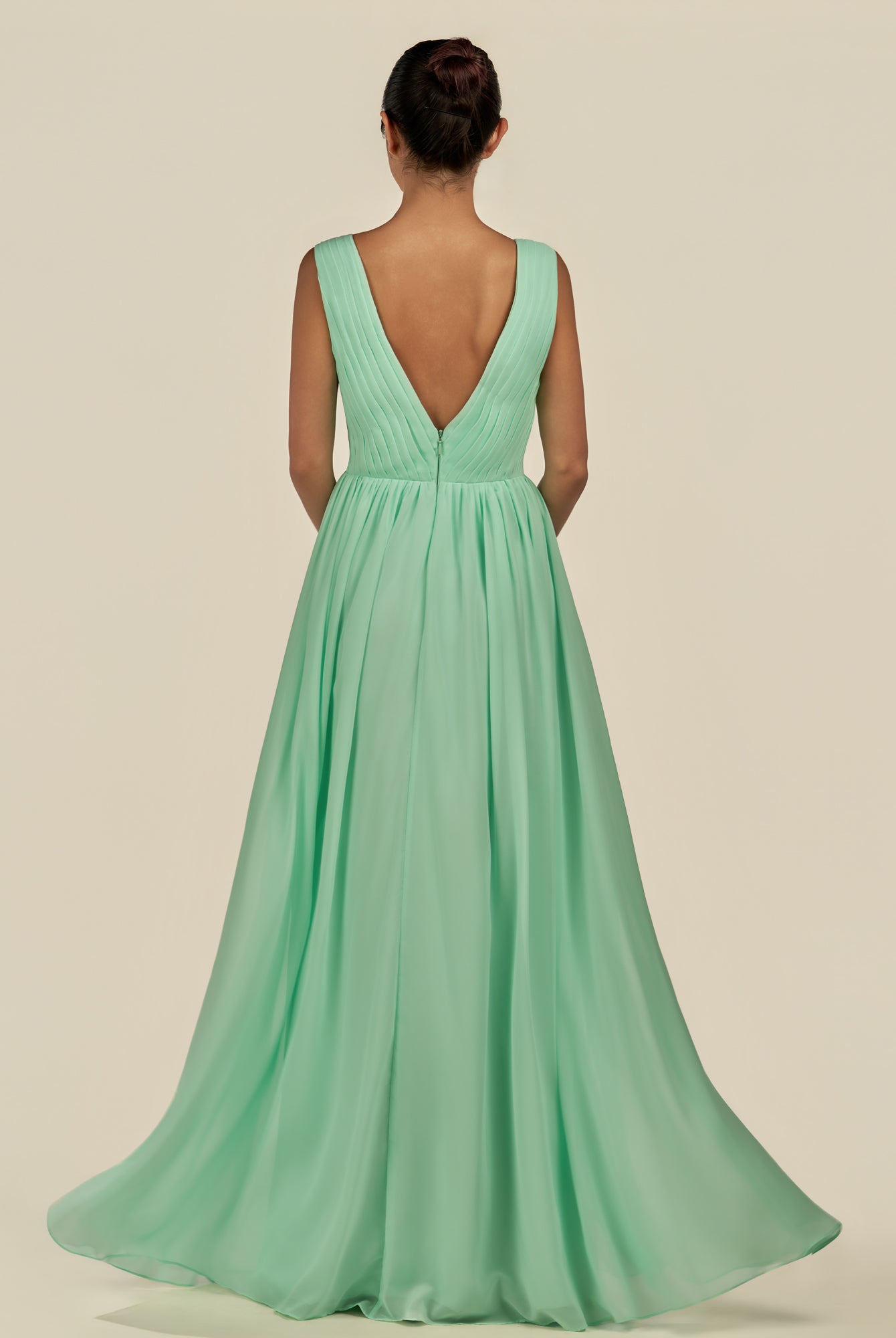 KissDress-Daryel Pale Pistachio A Line Chiffon V Neck Pleated Long Bridesmaid Dress
