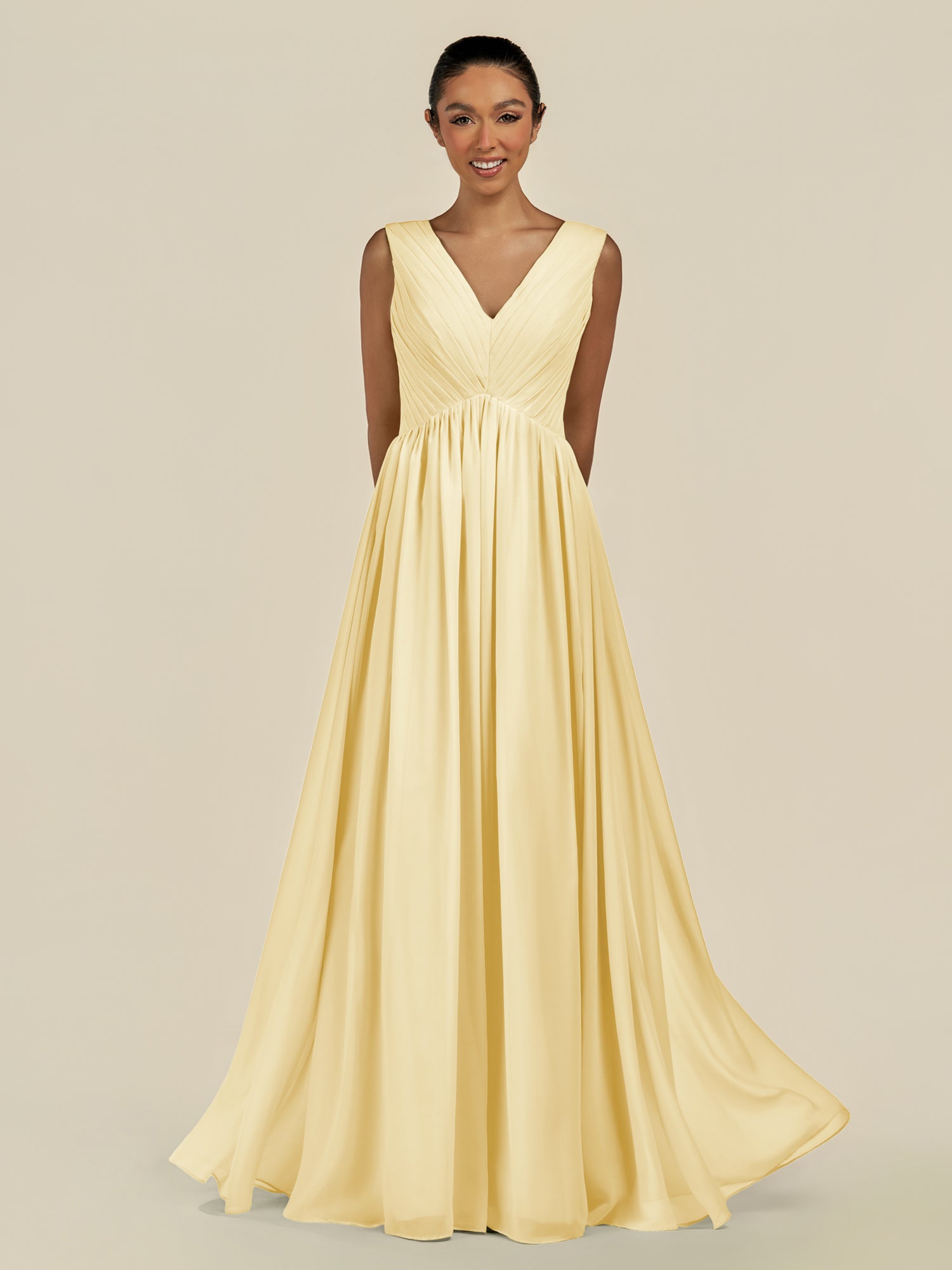 KissDress-Daryel Pastel Yellow A Line Chiffon V Neck Pleated Long Bridesmaid Dress