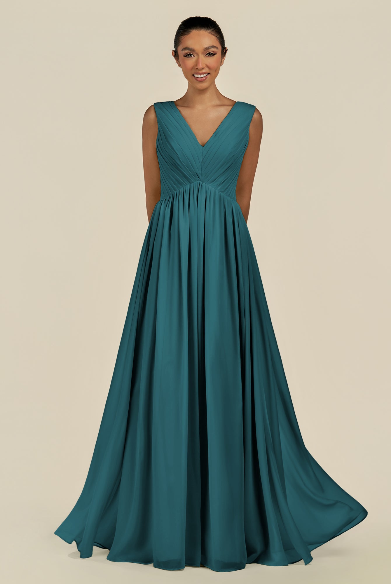 KissDress-Daryel Pine A Line Chiffon V Neck Pleated Long Bridesmaid Dress