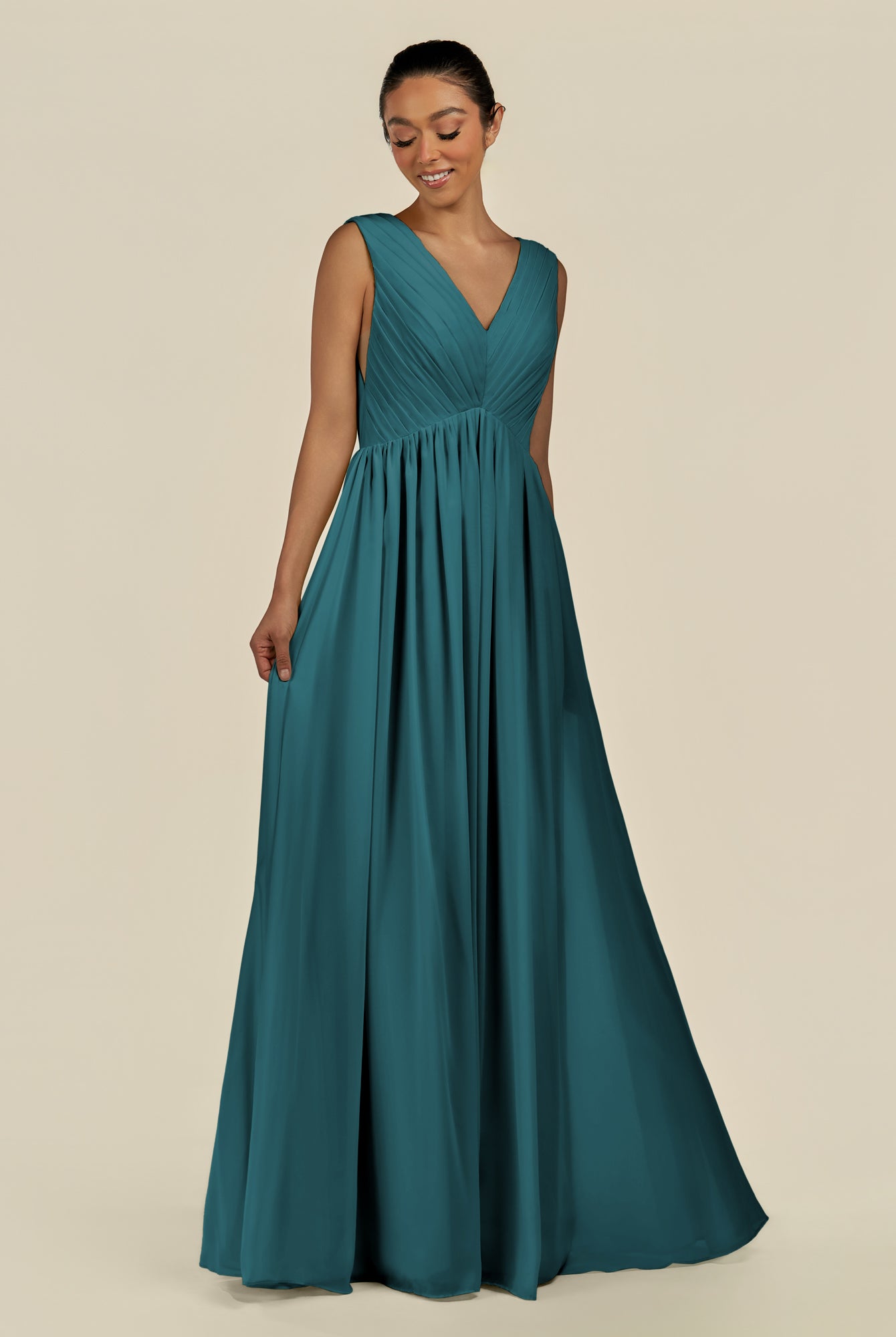 KissDress-Daryel Pine A Line Chiffon V Neck Pleated Long Bridesmaid Dress