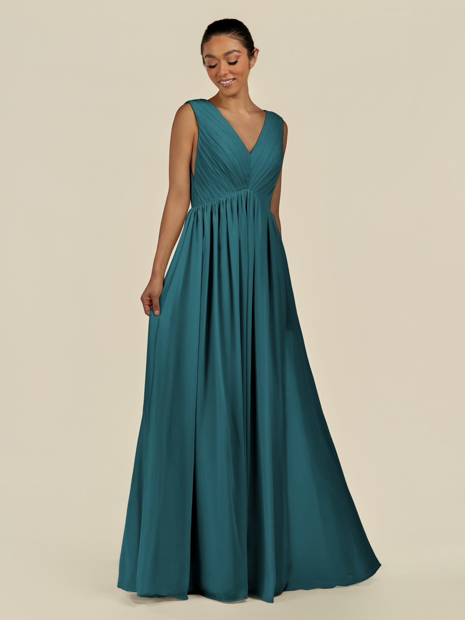 KissDress-Daryel Pine A Line Chiffon V Neck Pleated Long Bridesmaid Dress