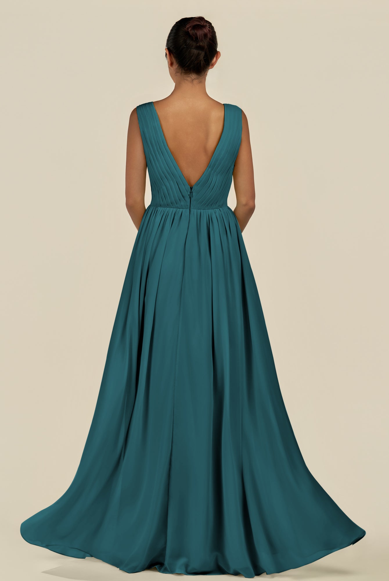 KissDress-Daryel Pine A Line Chiffon V Neck Pleated Long Bridesmaid Dress