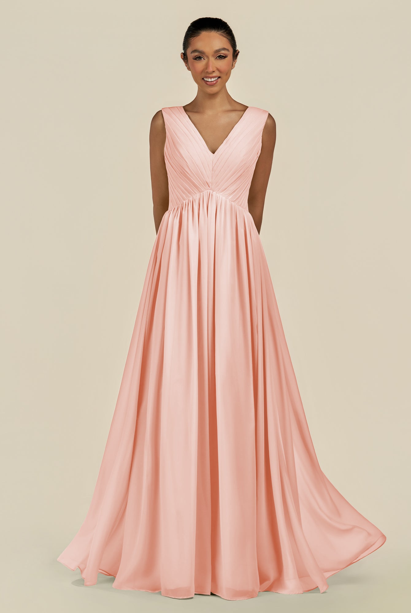 KissDress-Daryel Rose Petal A Line Chiffon V Neck Pleated Long Bridesmaid Dress