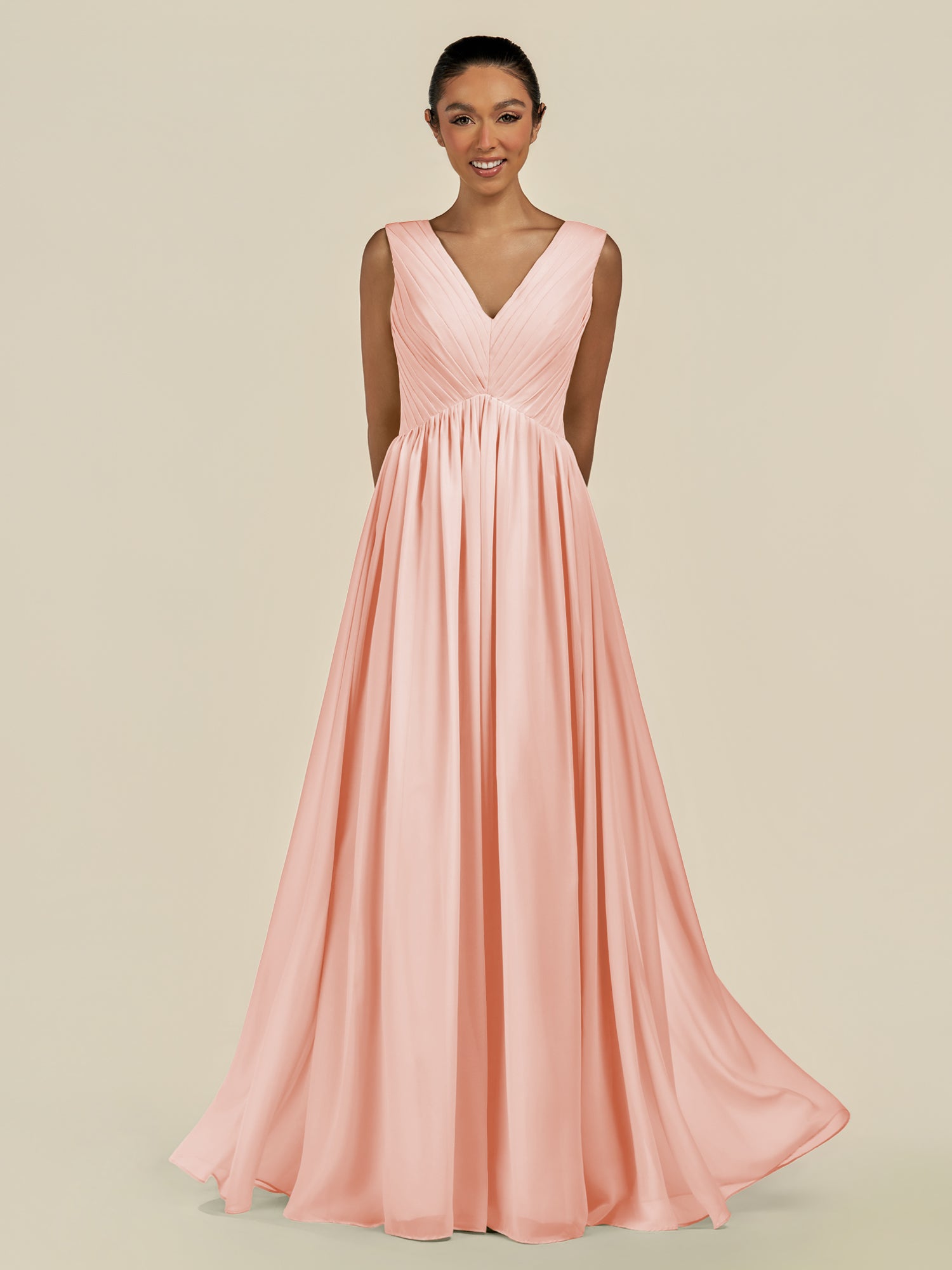 KissDress-Daryel Rose Petal A Line Chiffon V Neck Pleated Long Bridesmaid Dress
