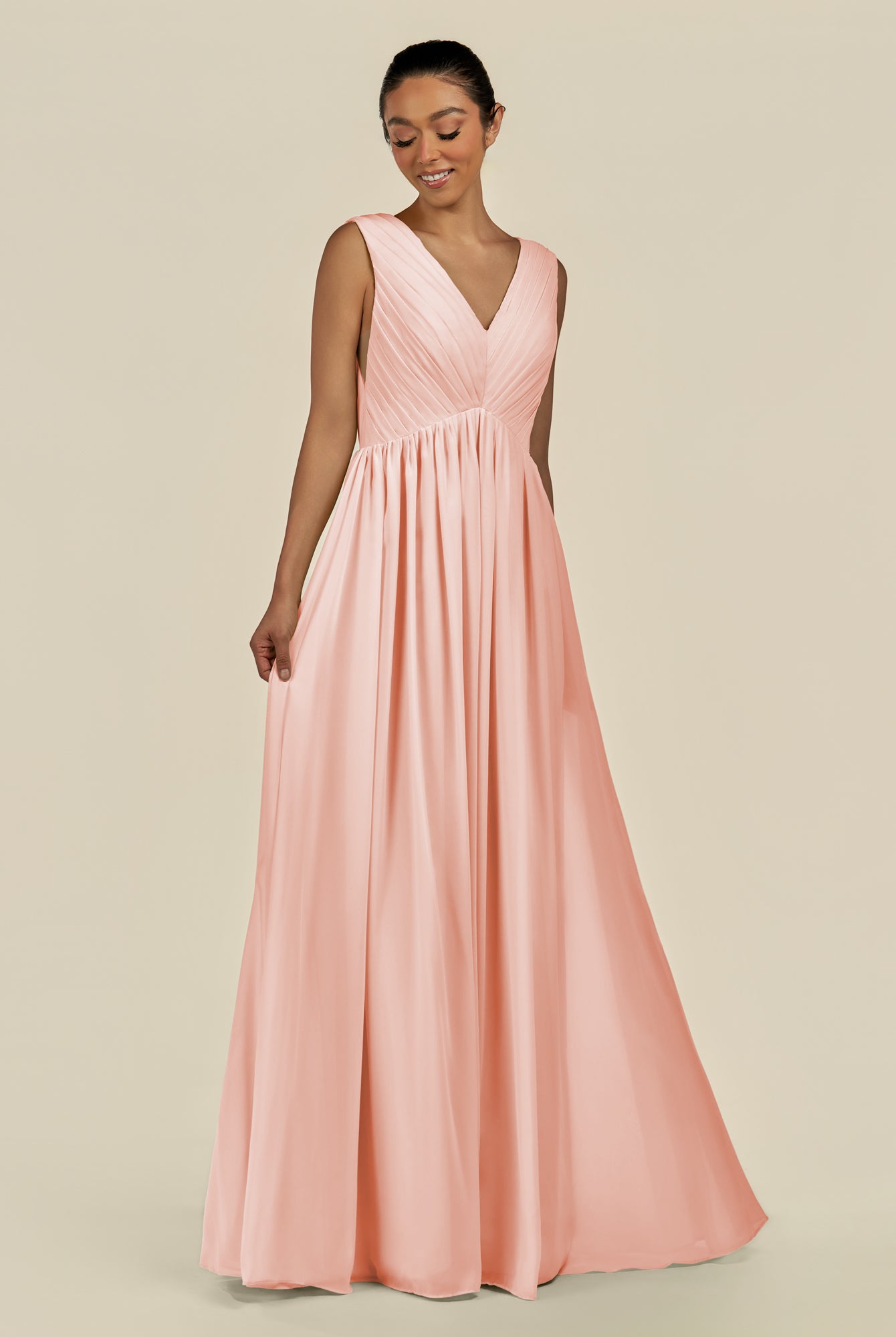 KissDress-Daryel Rose Petal A Line Chiffon V Neck Pleated Long Bridesmaid Dress