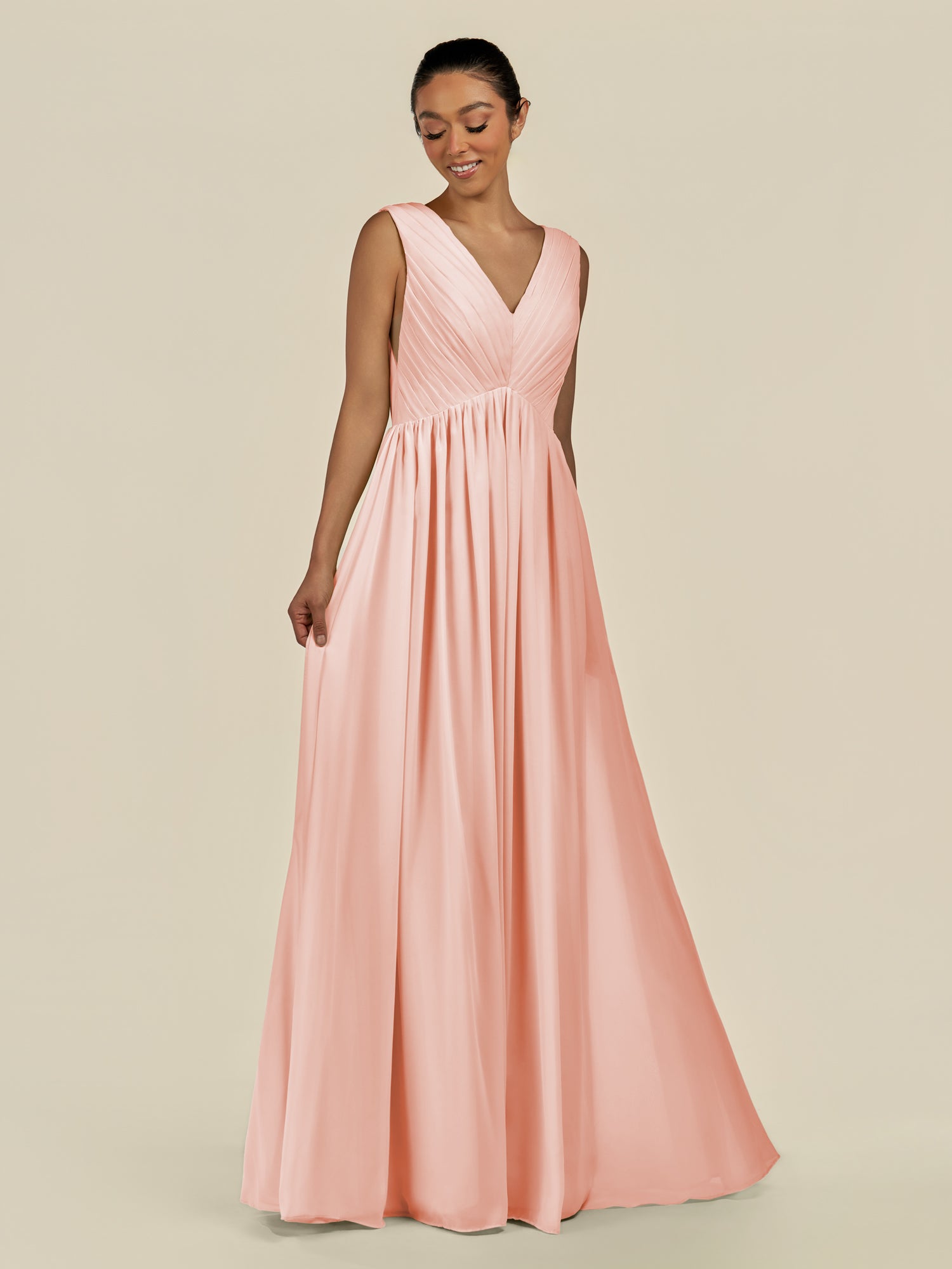 KissDress-Daryel Rose Petal A Line Chiffon V Neck Pleated Long Bridesmaid Dress