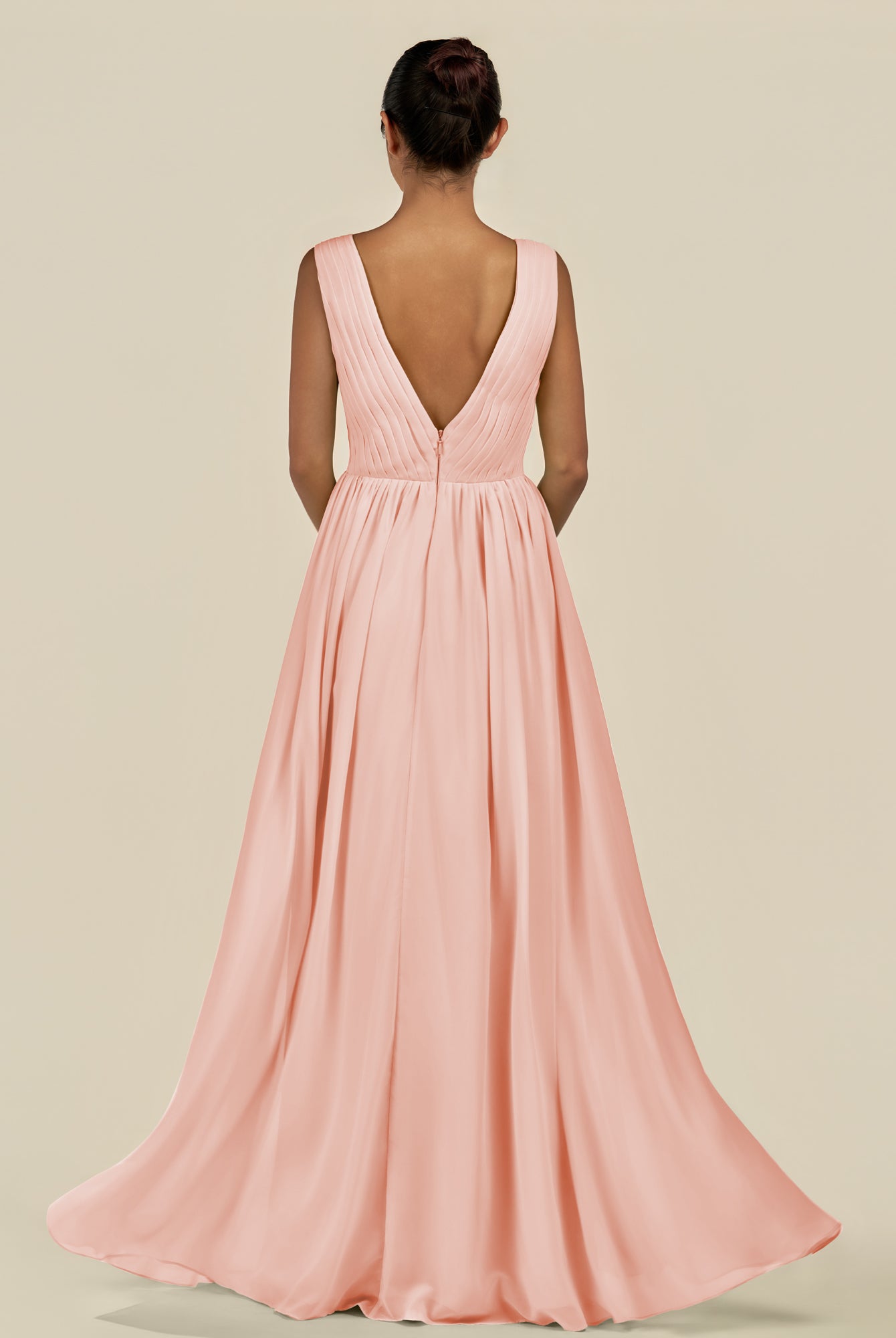 KissDress-Daryel Rose Petal A Line Chiffon V Neck Pleated Long Bridesmaid Dress