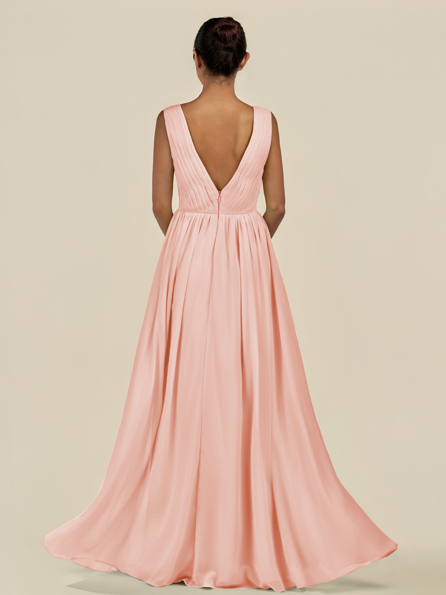 KissDress-Daryel Rose Petal A Line Chiffon V Neck Pleated Long Bridesmaid Dress