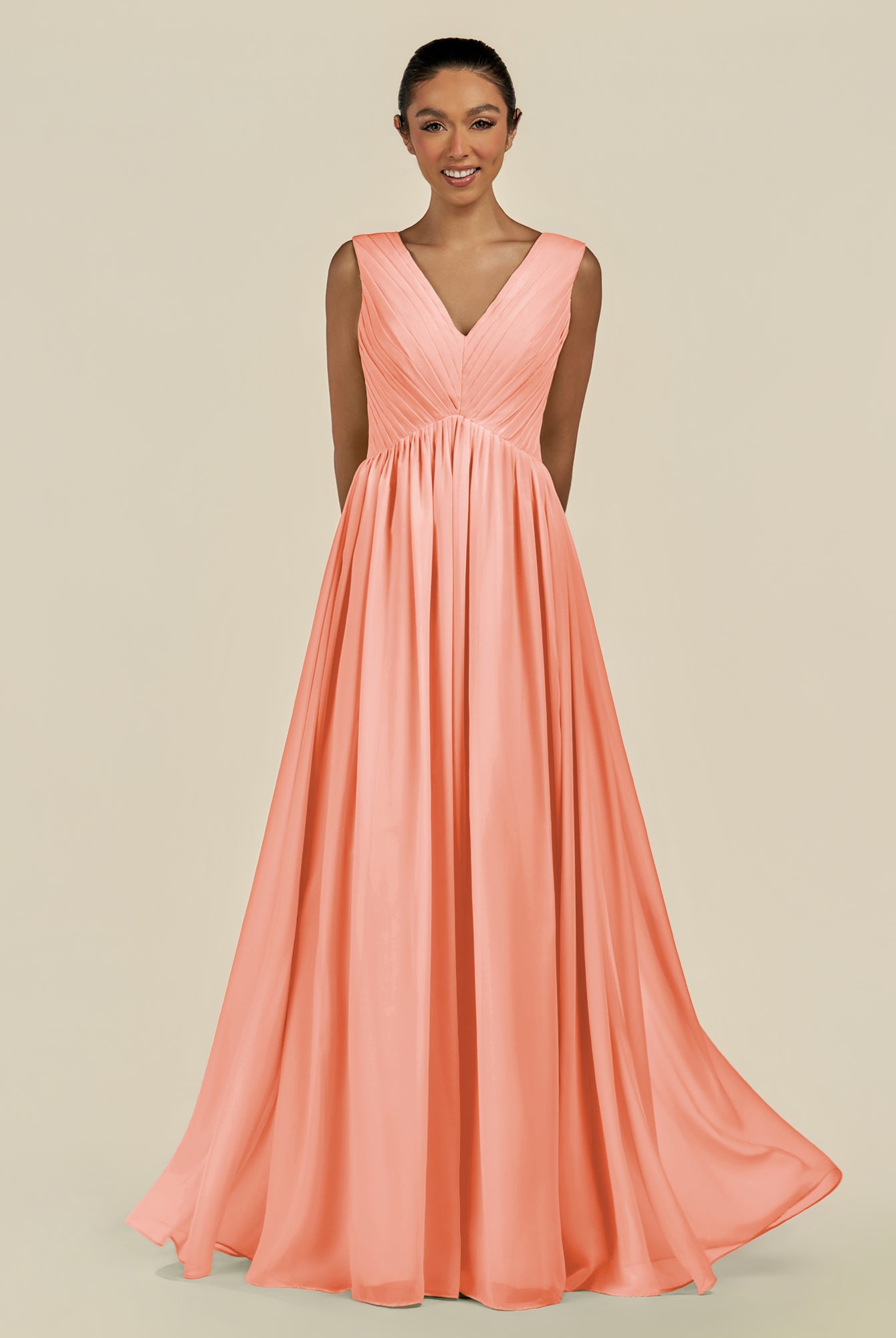 KissDress-Daryel Rosette A Line Chiffon V Neck Pleated Long Bridesmaid Dress