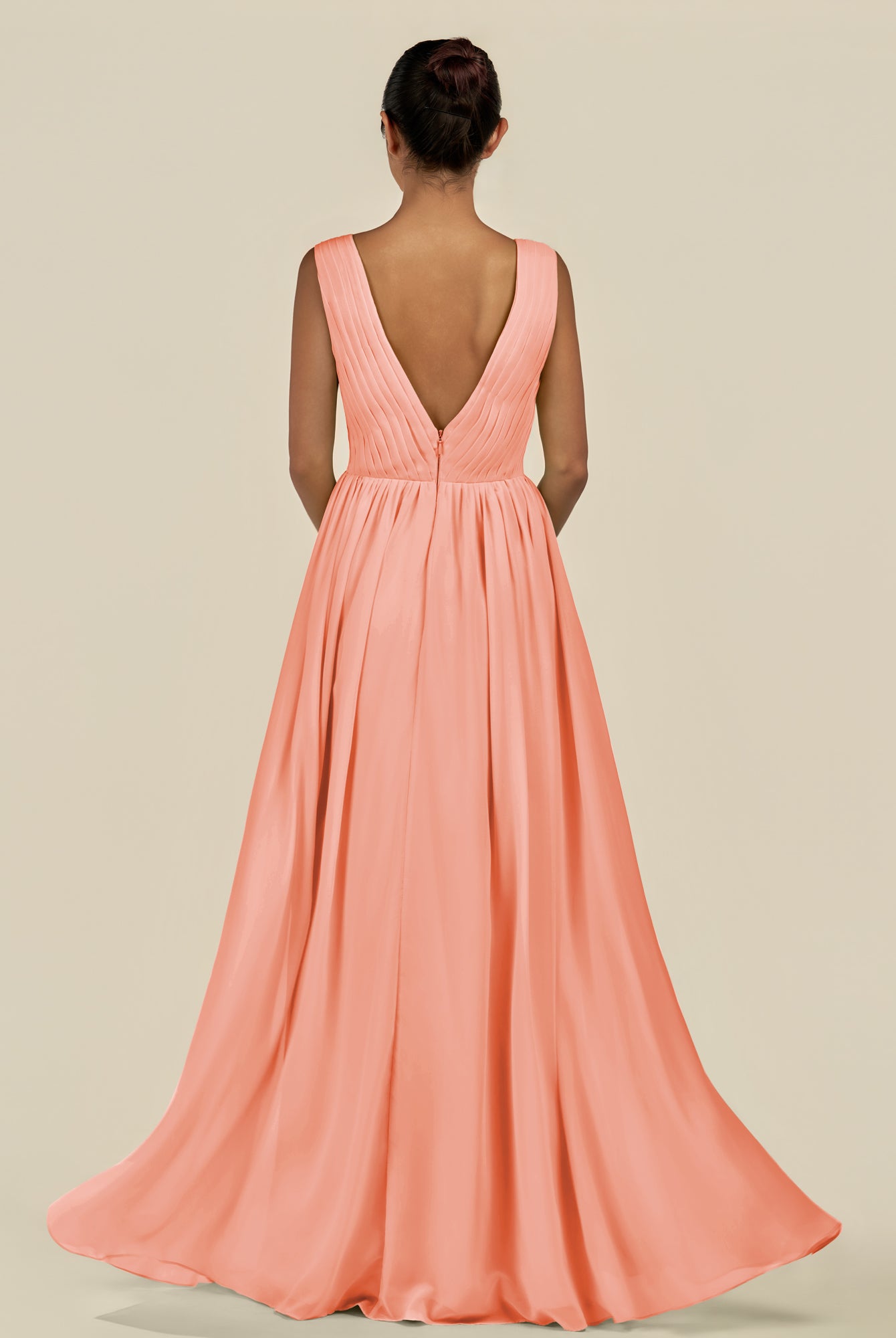 KissDress-Daryel Rosette A Line Chiffon V Neck Pleated Long Bridesmaid Dress