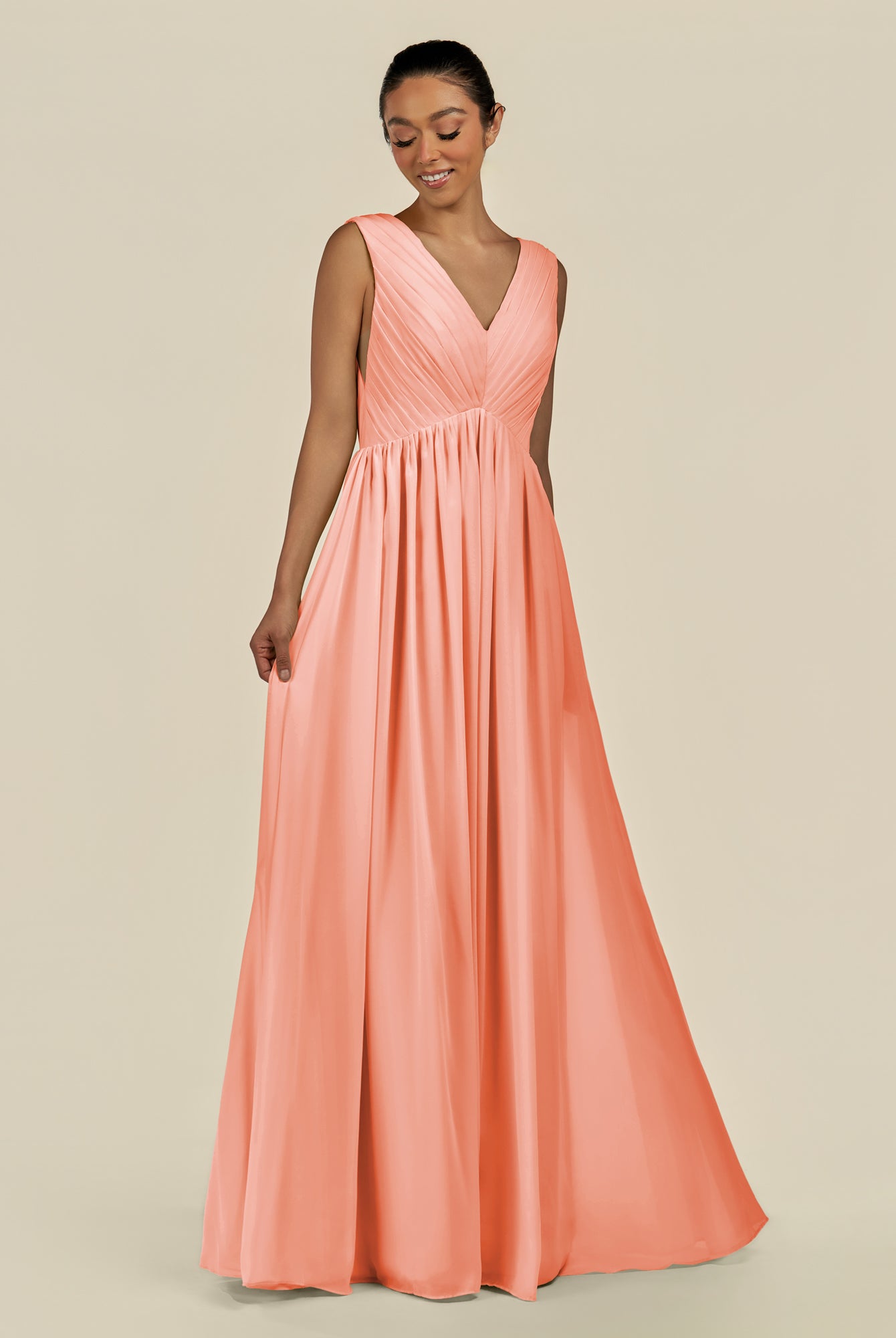 KissDress-Daryel Rosette A Line Chiffon V Neck Pleated Long Bridesmaid Dress