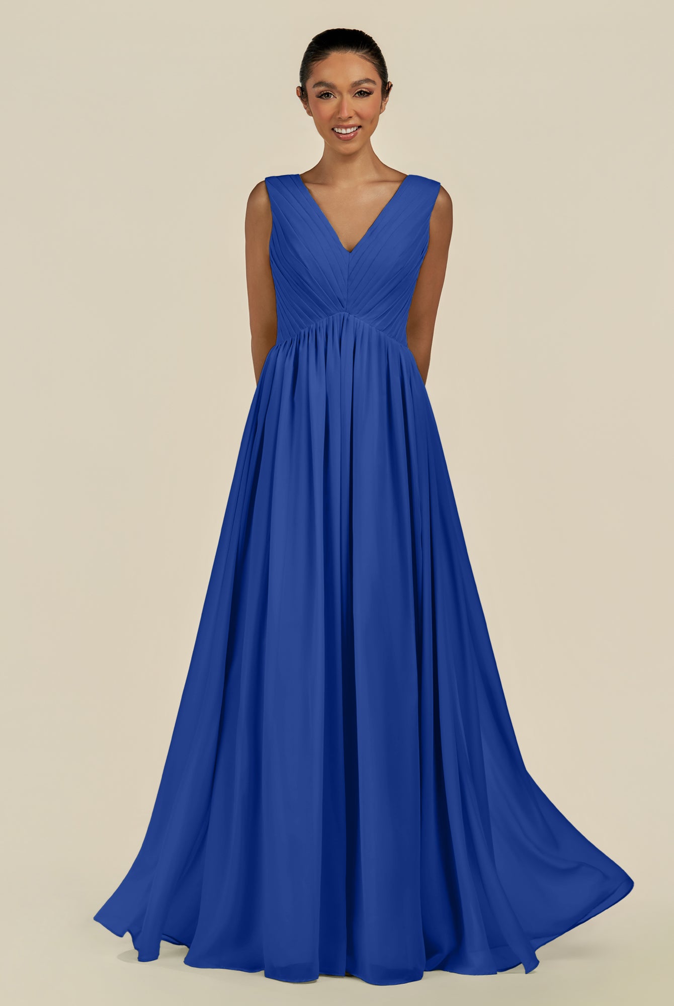 KissDress-Daryel Royal Blue A Line Chiffon V Neck Pleated Long Bridesmaid Dress