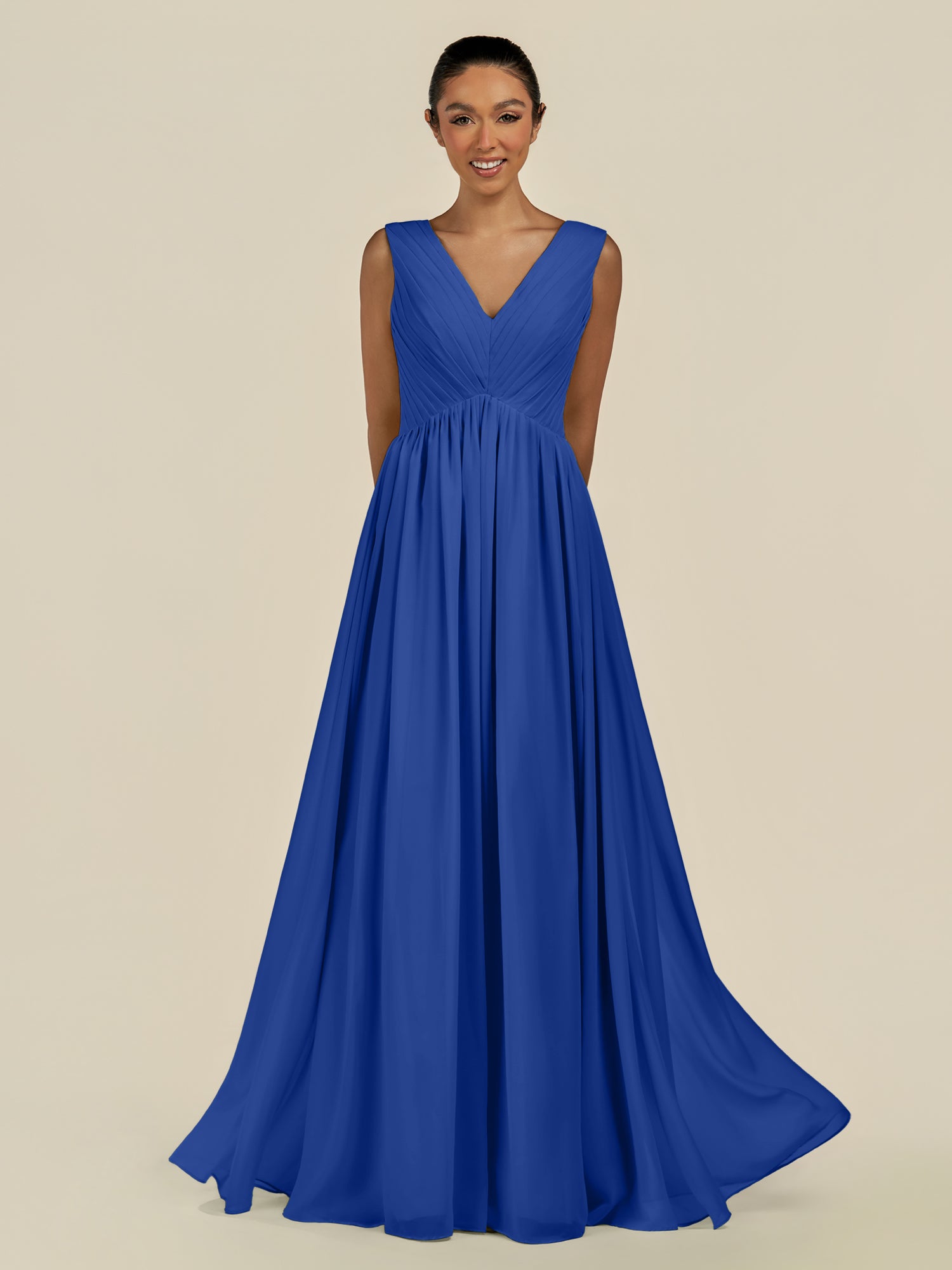 KissDress-Daryel Royal Blue A Line Chiffon V Neck Pleated Long Bridesmaid Dress