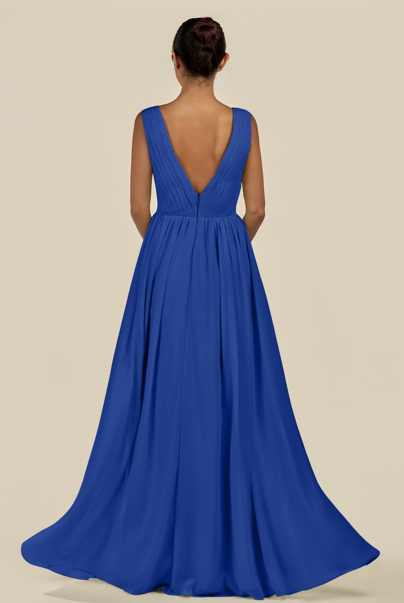 KissDress-Daryel Royal Blue A Line Chiffon V Neck Pleated Long Bridesmaid Dress