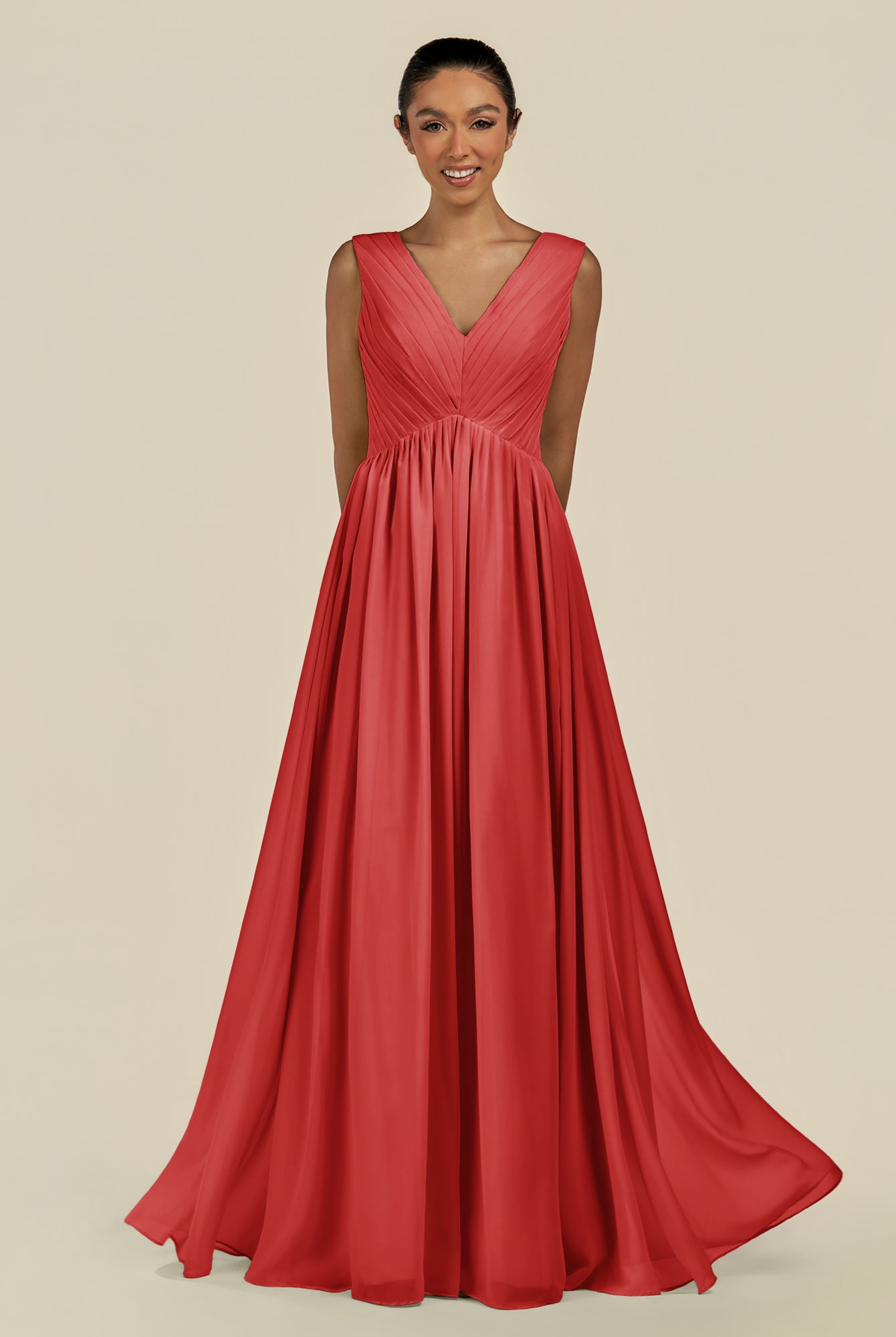 KissDress-Daryel Ruby Red A Line Chiffon V Neck Pleated Long Bridesmaid Dress